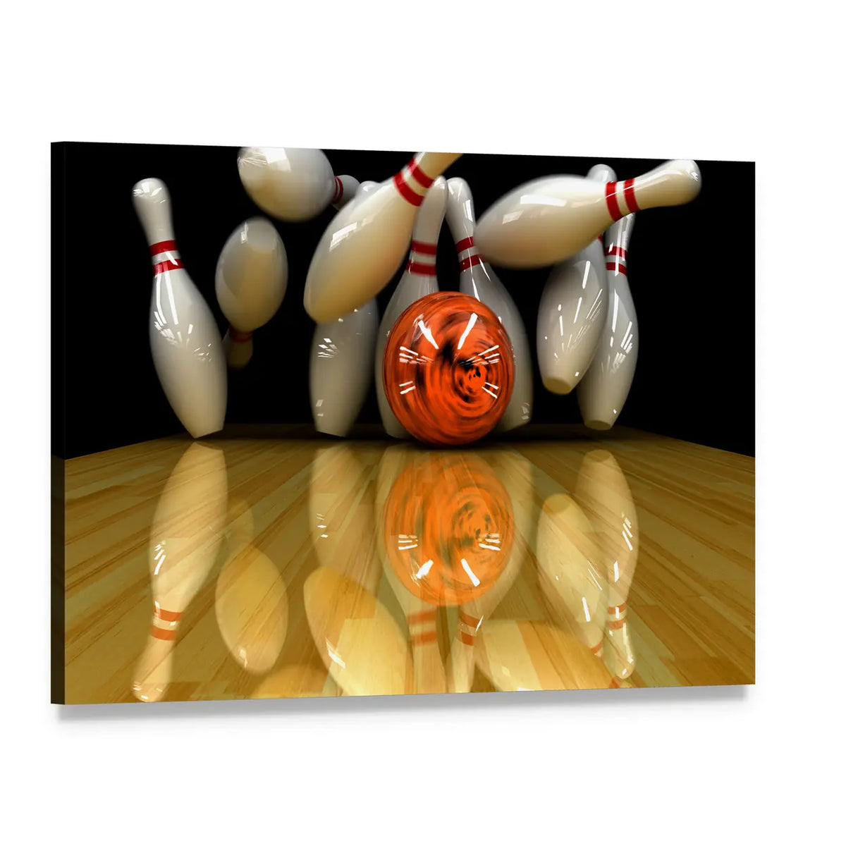 Orange Bowling Ball Strike Canvas Wall Art, single panel gallery wrapped canvas, angled product view