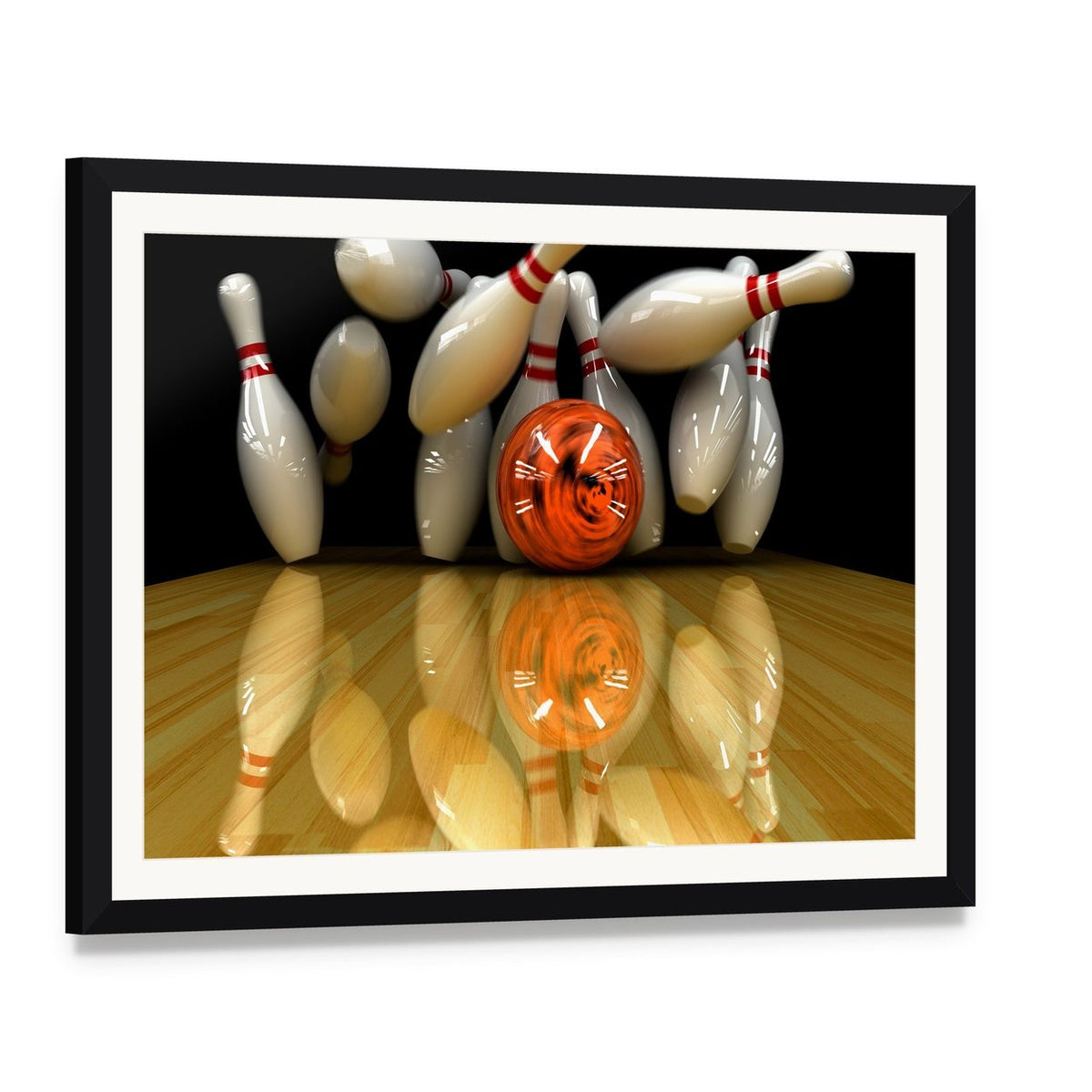 Orange Bowling Ball Strike Canvas Wall Art, framed print with white mat and black frame, angled product view