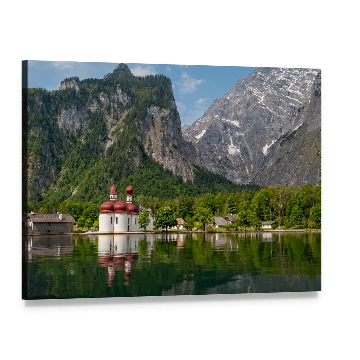 Konigssee Lake with Twin Red-domed Church Canvas Wall Art, single panel gallery wrapped canvas, angled product view