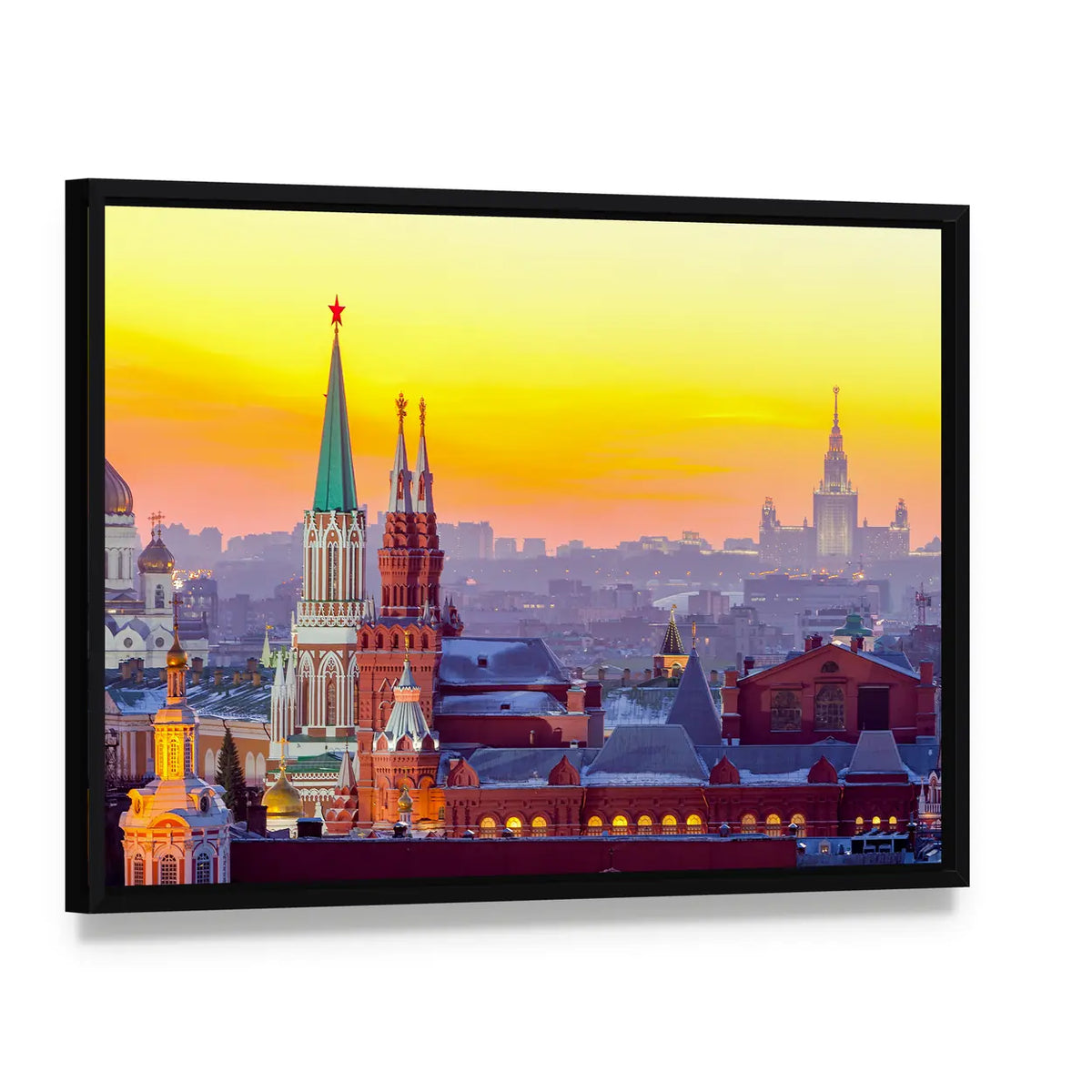 Moscow Kremlin and Cathedral of Christ the Saviour Canvas Wall Art, framed canvas in a black floater frame, angled product view