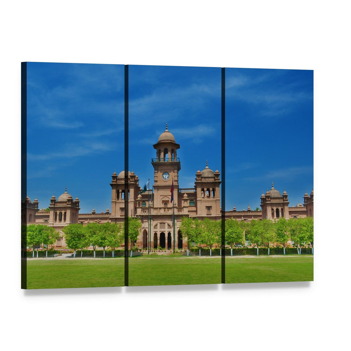 Peshawar University Architecture in Daylight Canvas Wall Art, 3 panel 3 Horizontal layout gallery wrapped canvas set, angled product view
