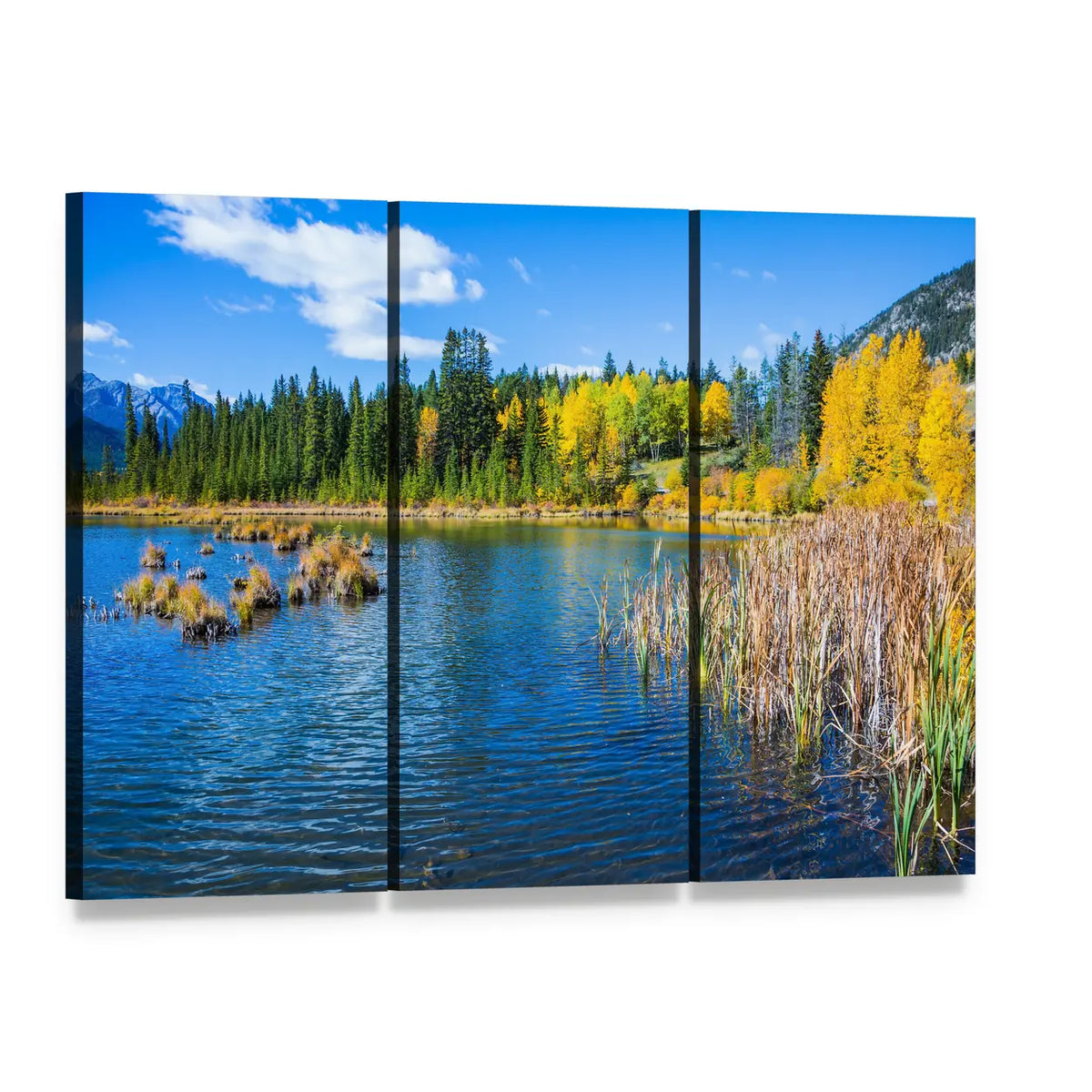 Warm Summer on Lake Vermillon Canvas Wall Art, 3 panel 3 Horizontal layout gallery wrapped canvas set, angled product view