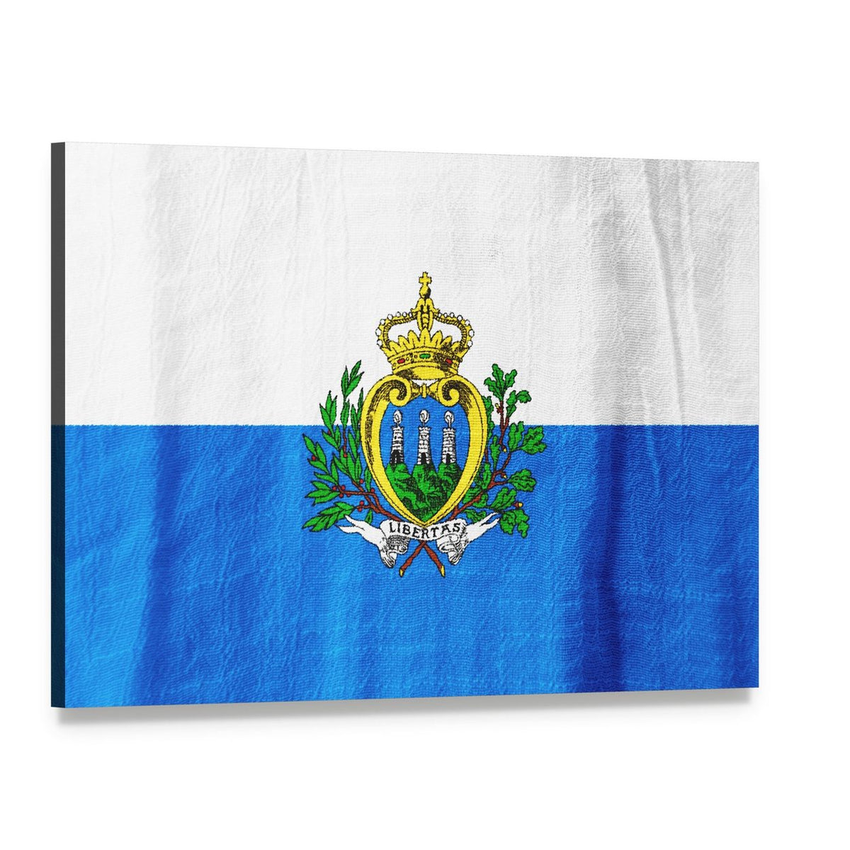 San Marino Flag with Coat of Arms Canvas Wall Art, single panel gallery wrapped canvas, angled product view