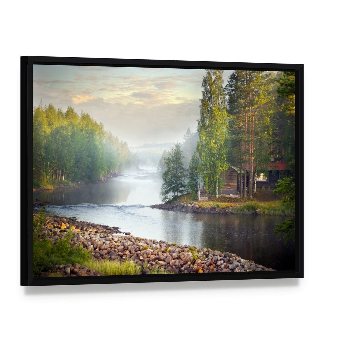 Fog Over River Canvas Wall Art, framed canvas in a black floater frame, angled product view