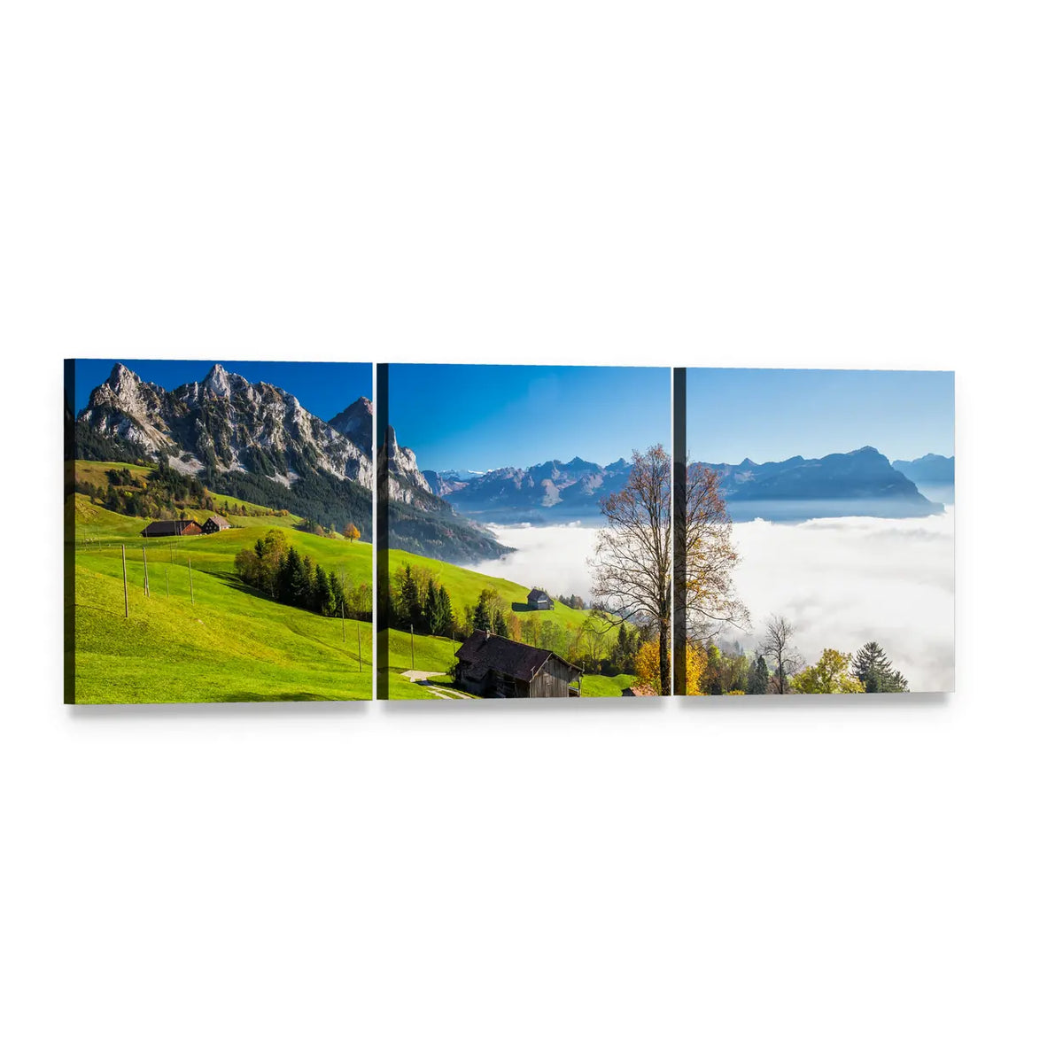 Morning Fog Over Mountain Peaks and Chalets Panoramic Canvas Wall Art, 3 panel 3 Piece layout gallery wrapped canvas set, angled product view