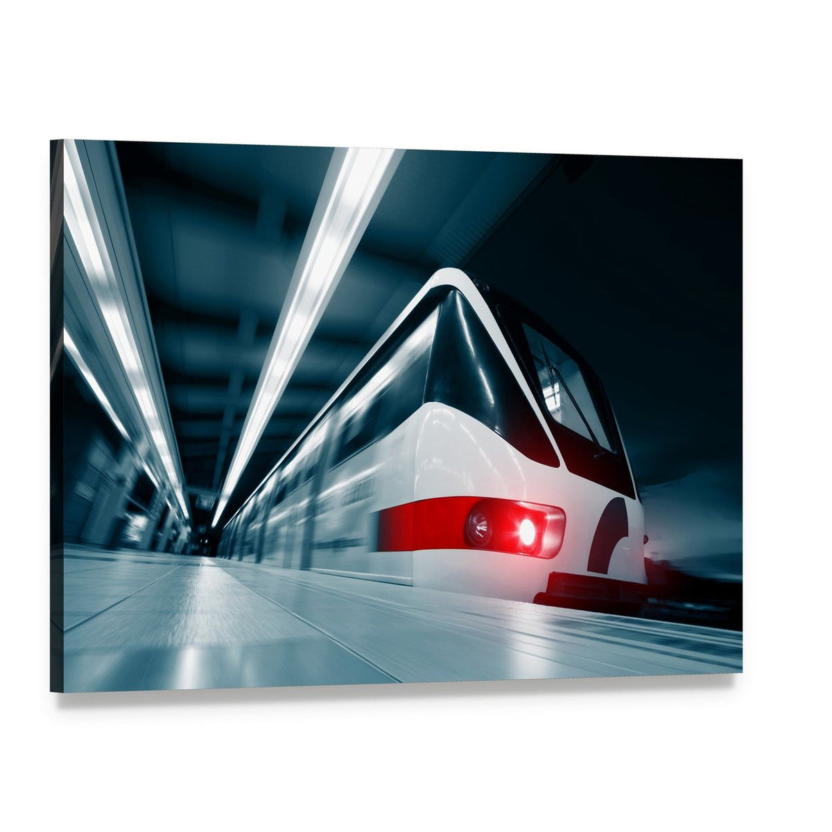 Motion Blurred Train Canvas Wall Art, single panel gallery wrapped canvas, angled product view