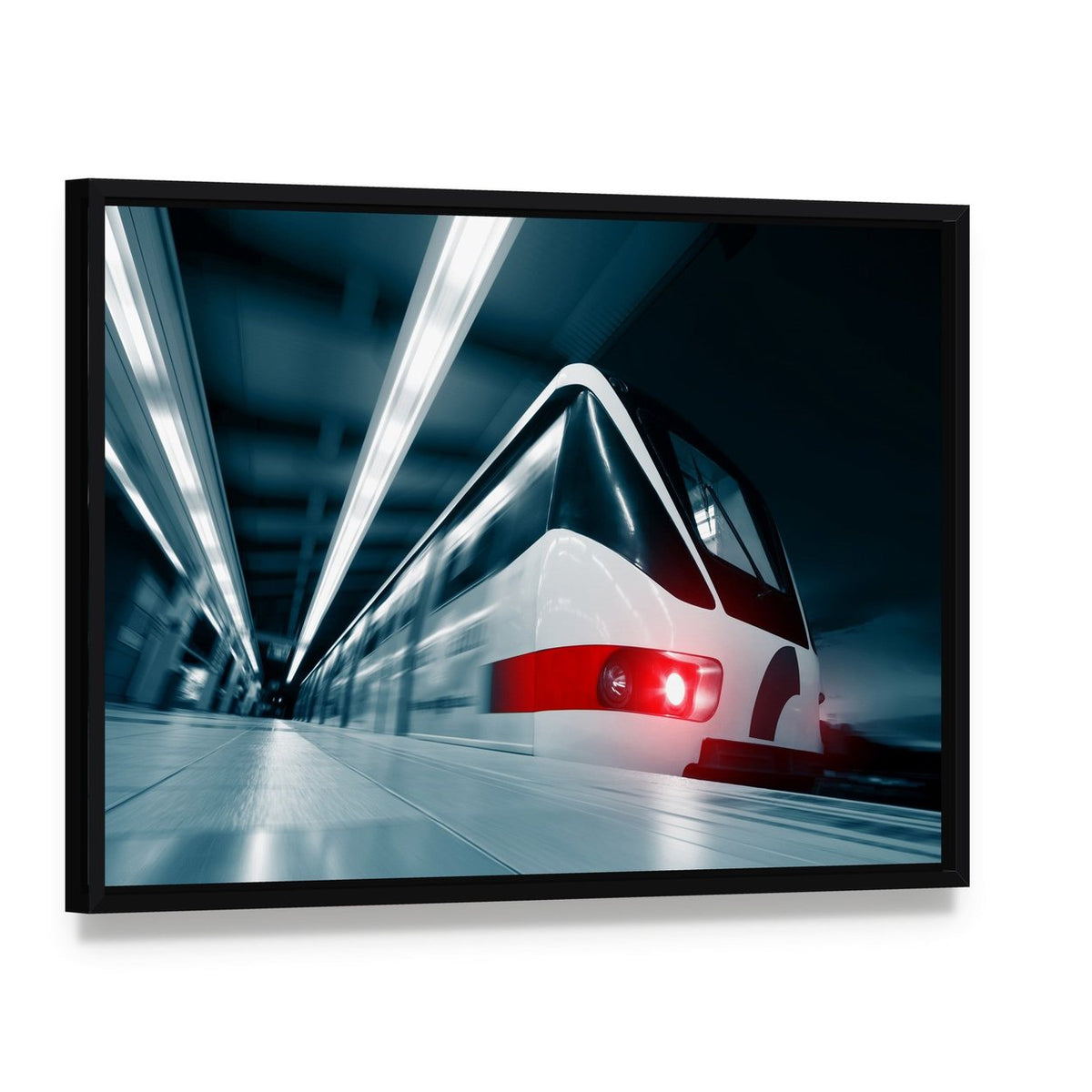 Motion Blurred Train Canvas Wall Art, framed canvas in a black floater frame, angled product view