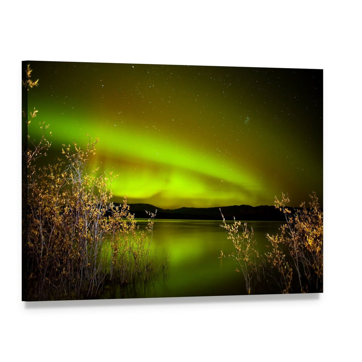 Northern Lights Over Lake Canvas Wall Art, single panel gallery wrapped canvas, angled product view