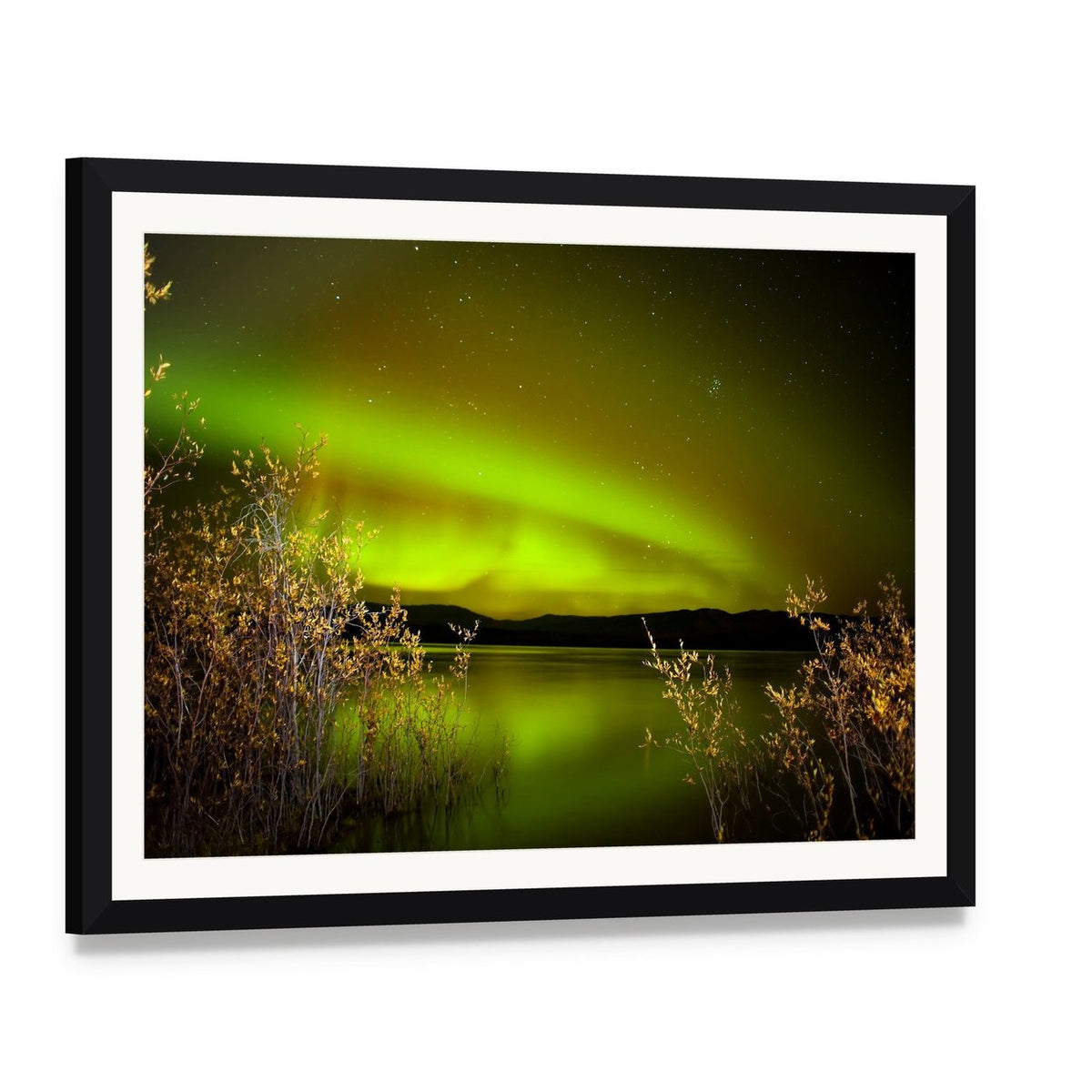 Northern Lights Over Lake Canvas Wall Art, framed print with white mat and black frame, angled product view