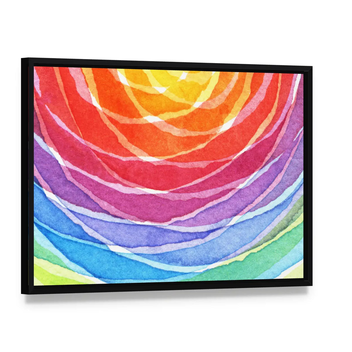 Rainbow Acrylic Abstract Canvas Wall Art, framed canvas in a black floater frame, angled product view