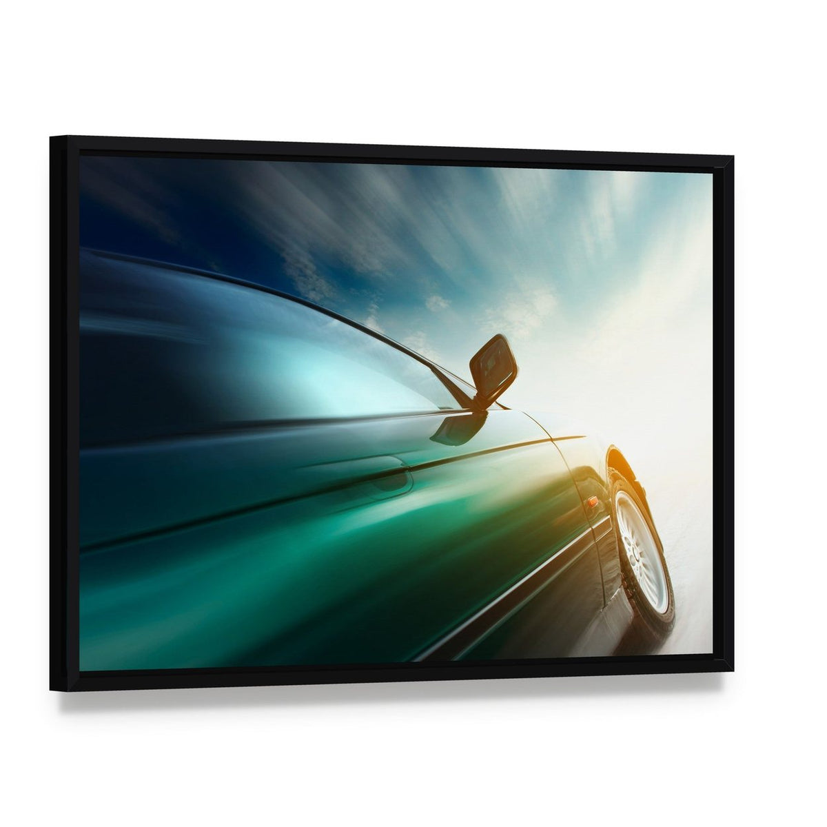 Blurred Car Canvas Wall Art, framed canvas in a black floater frame, angled product view