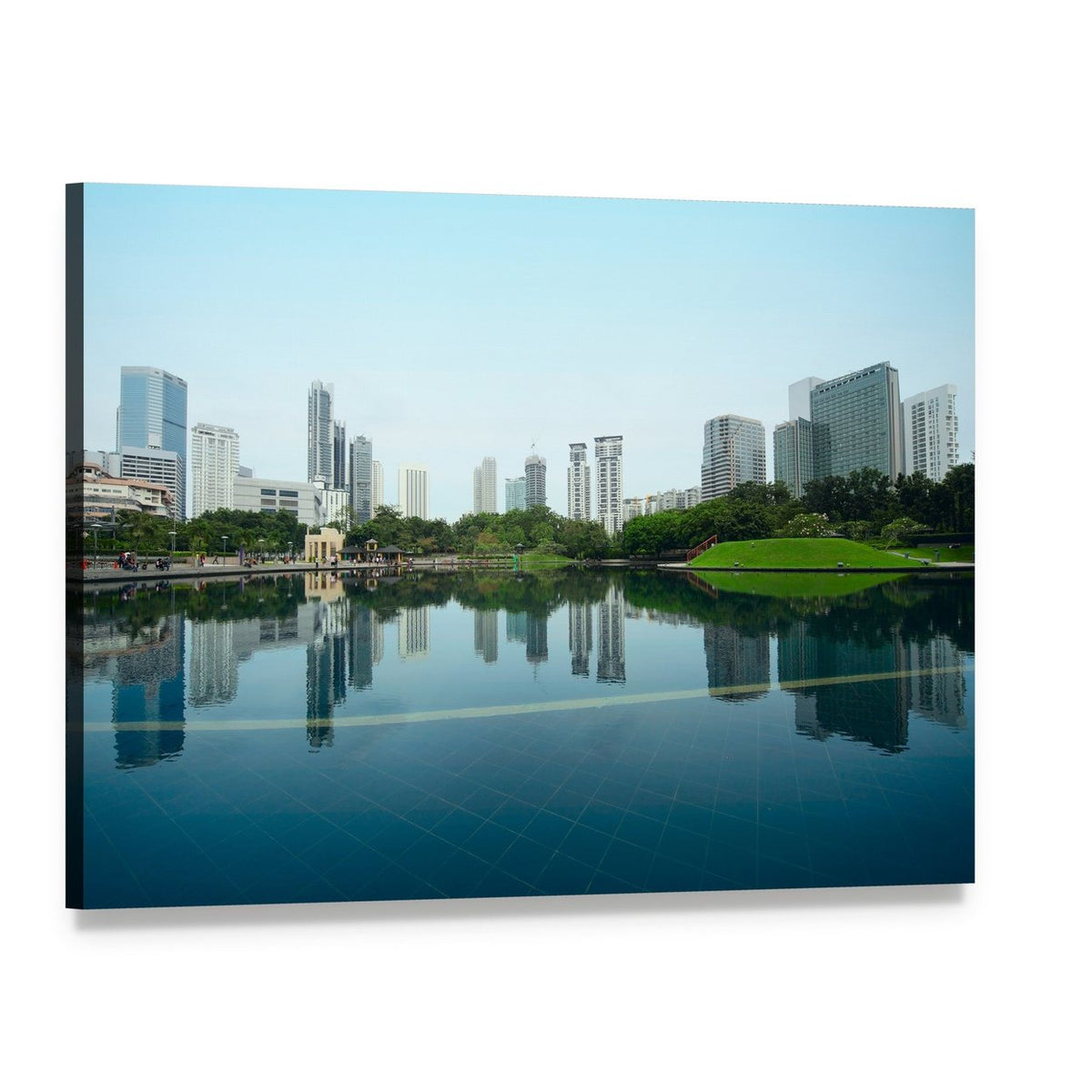 City Skyline Reflected in Water Canvas Wall Art, single panel gallery wrapped canvas, angled product view