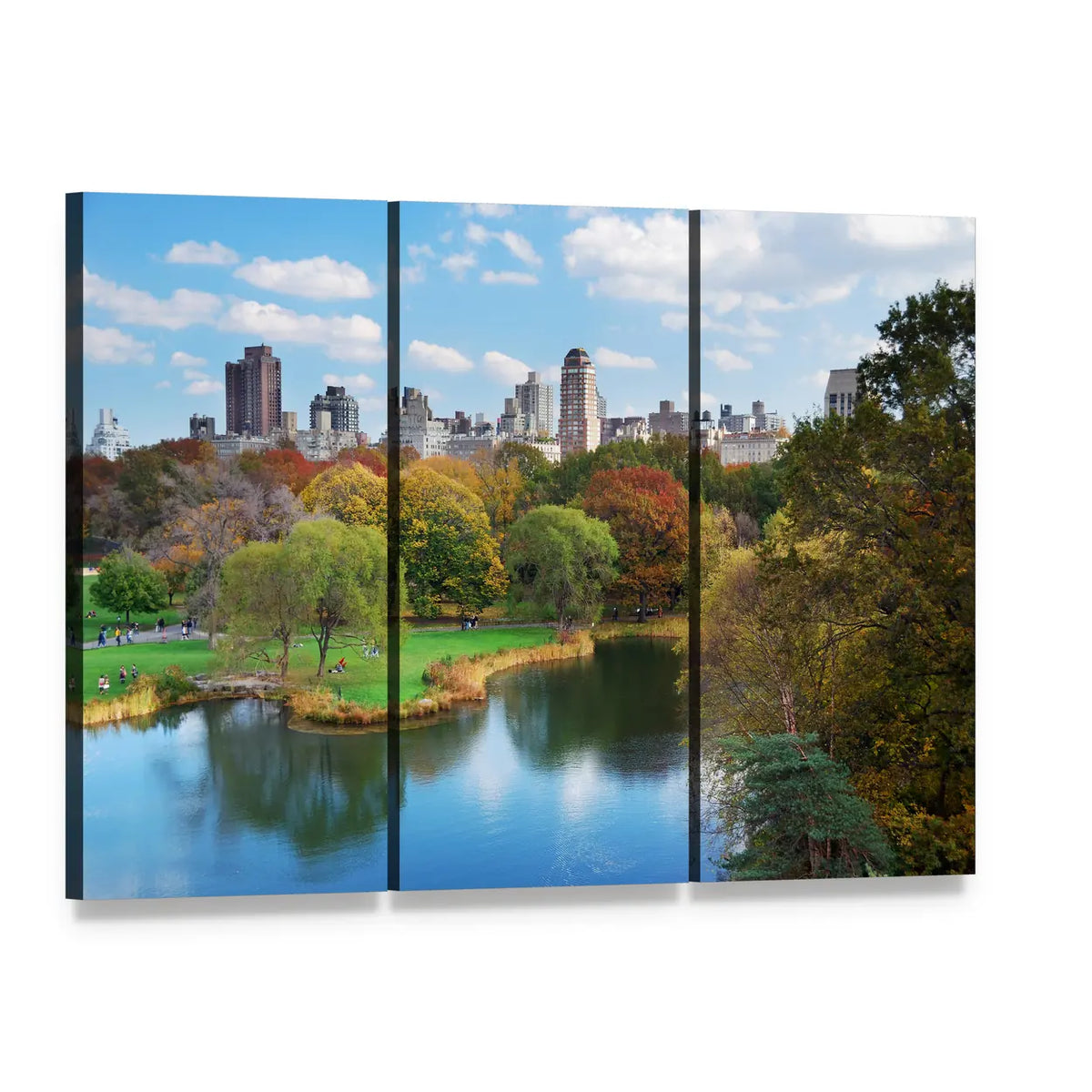 Ny Central Park Autumn Reflection Canvas Wall Art, 3 panel 3 Horizontal layout gallery wrapped canvas set, angled product view