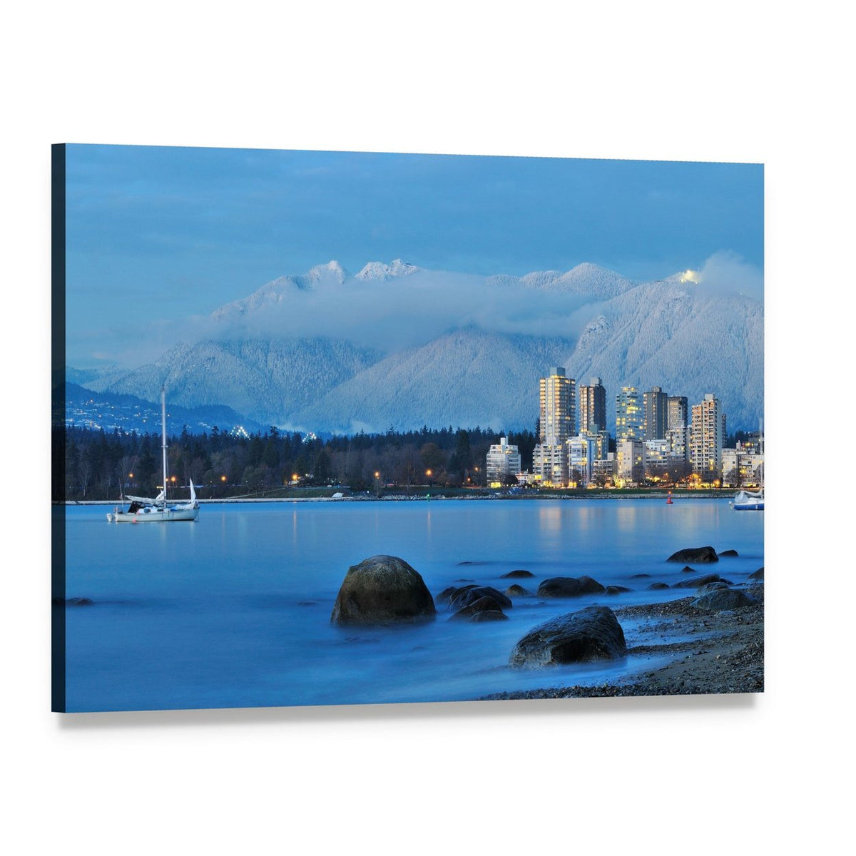 Vancouver Cityscape with Grouse Mountain Canvas Wall Art, single panel gallery wrapped canvas, angled product view