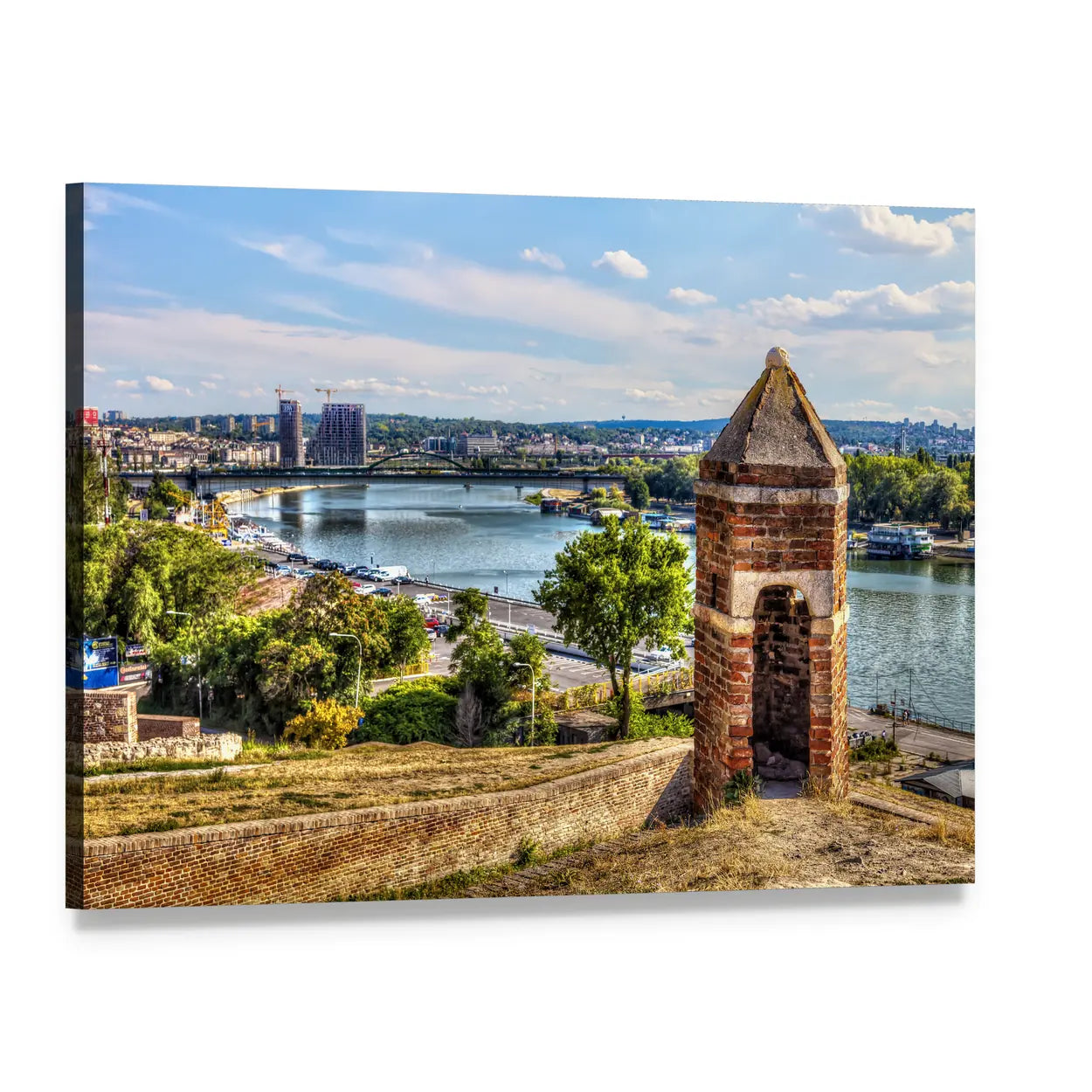 Brick Watchtower at Kalemegdan Fortress Canvas Wall Art, single panel gallery wrapped canvas, angled product view