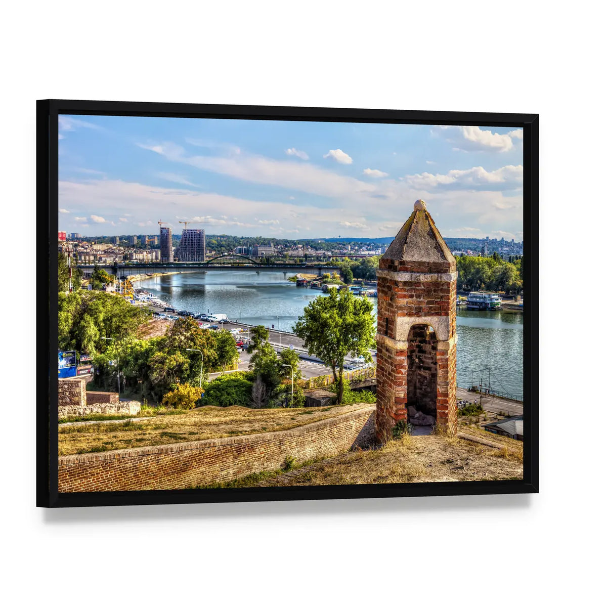 Brick Watchtower at Kalemegdan Fortress Canvas Wall Art, framed canvas in a black floater frame, angled product view