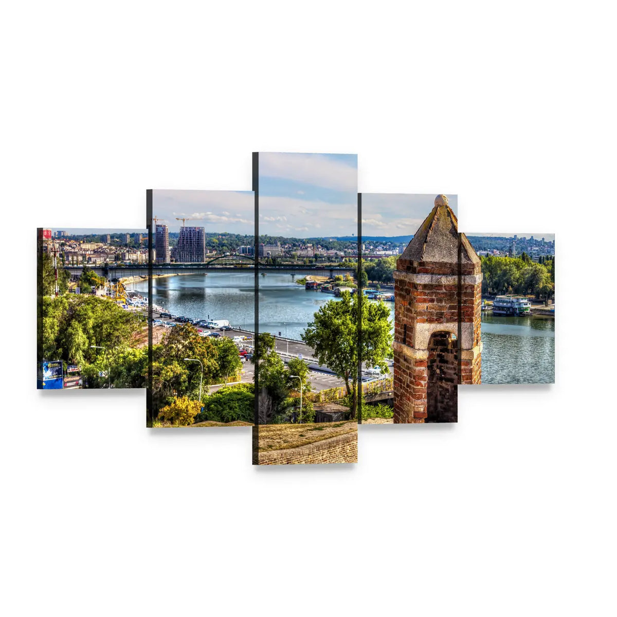 Brick Watchtower at Kalemegdan Fortress Canvas Wall Art, 5 panel 5 Star layout gallery wrapped canvas set, angled product view