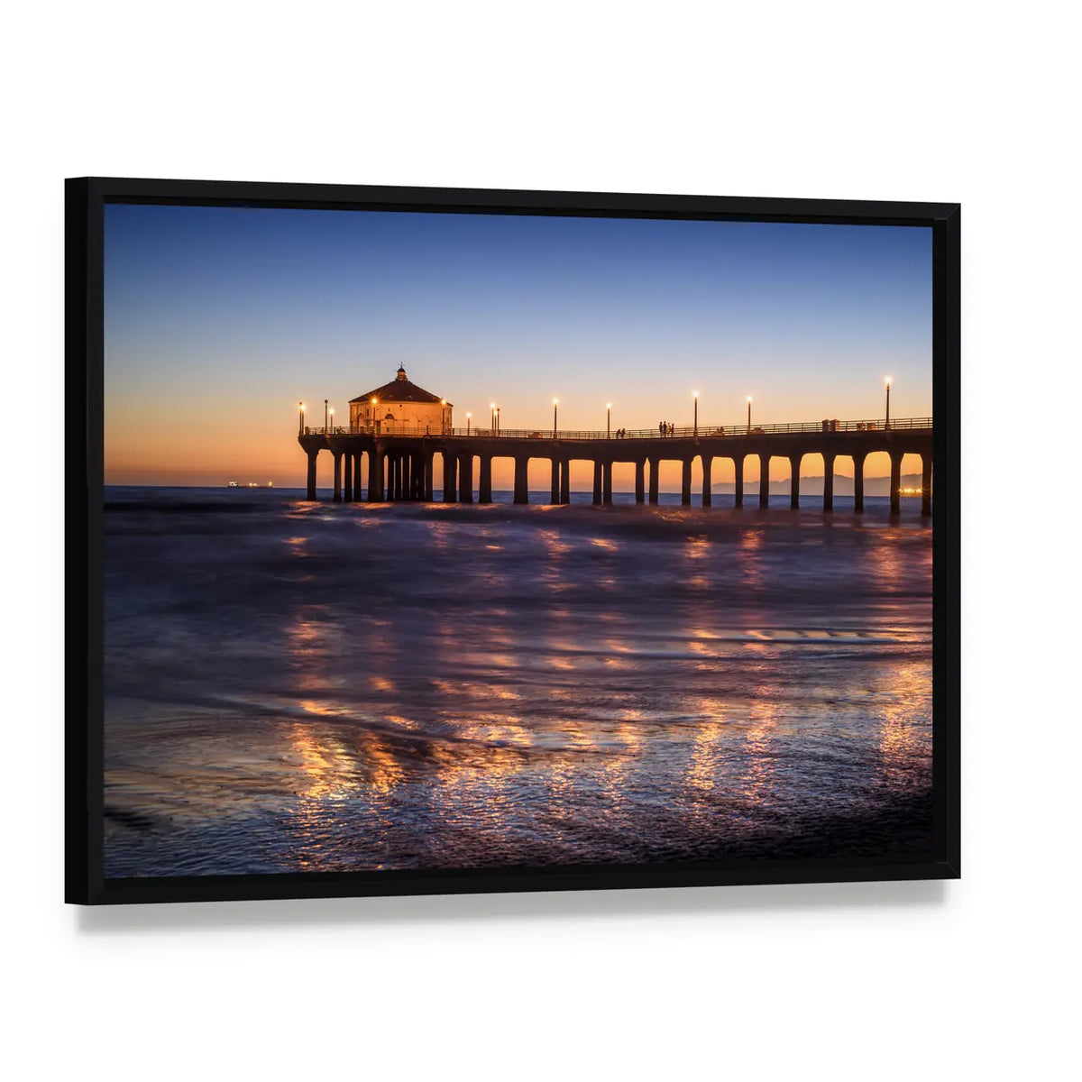 Manhattan Beach Pier at Sunset Canvas Wall Art, framed canvas in a black floater frame, angled product view
