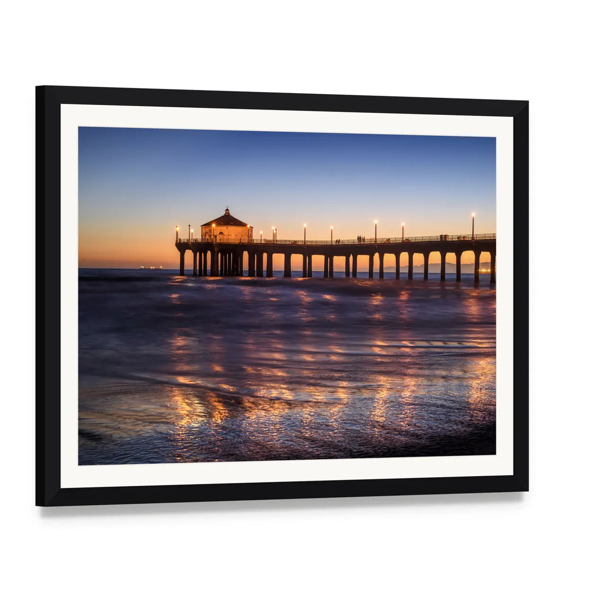 Manhattan Beach Pier at Sunset Canvas Wall Art, framed print with white mat and black frame, angled product view