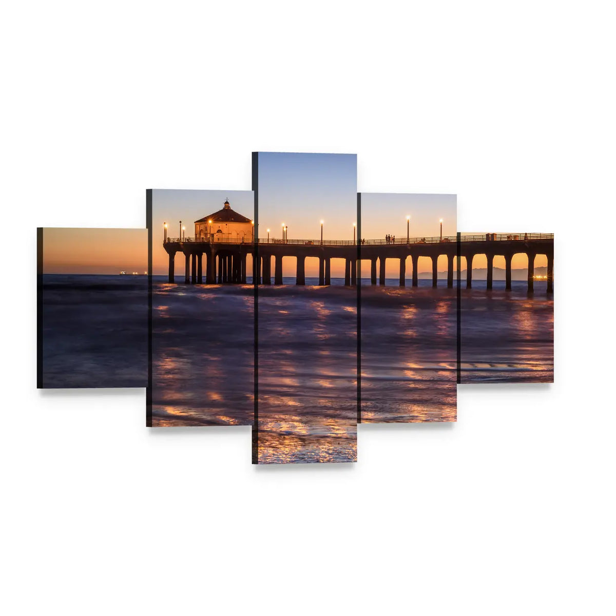 Manhattan Beach Pier at Sunset Canvas Wall Art, 5 panel 5 Star layout gallery wrapped canvas set, angled product view