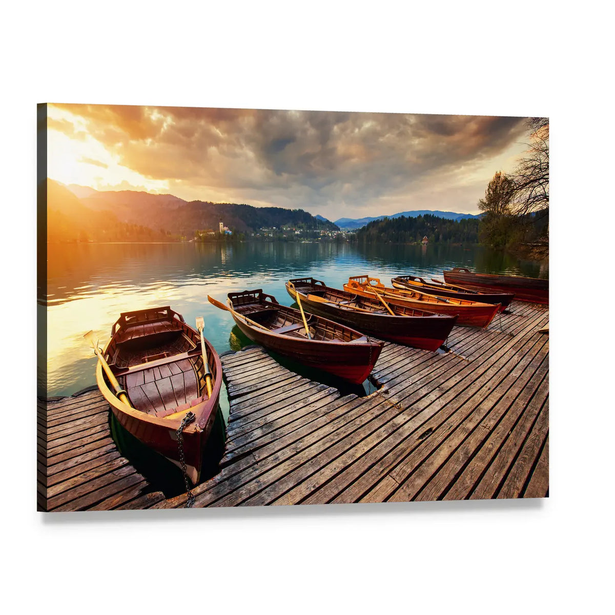 Rowboats on Lake Bled Canvas Wall Art, single panel gallery wrapped canvas, angled product view