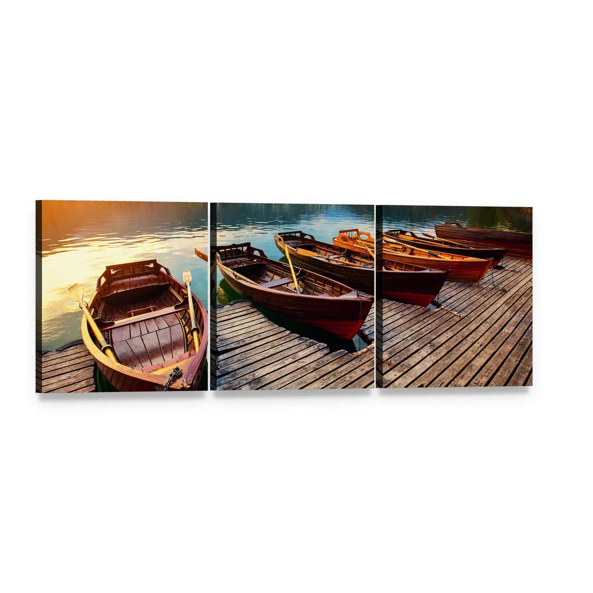 Wooden Rowboats on Calm Lake Panoramic Canvas Wall Art, 3 panel 3 Piece layout gallery wrapped canvas set, angled product view