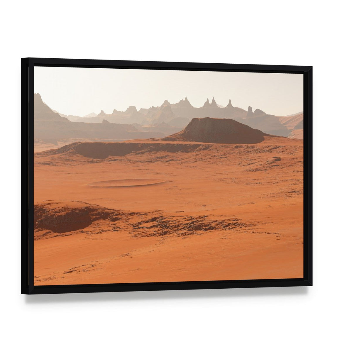 Mars Landscape Canvas Wall Art, framed canvas in a black floater frame, angled product view