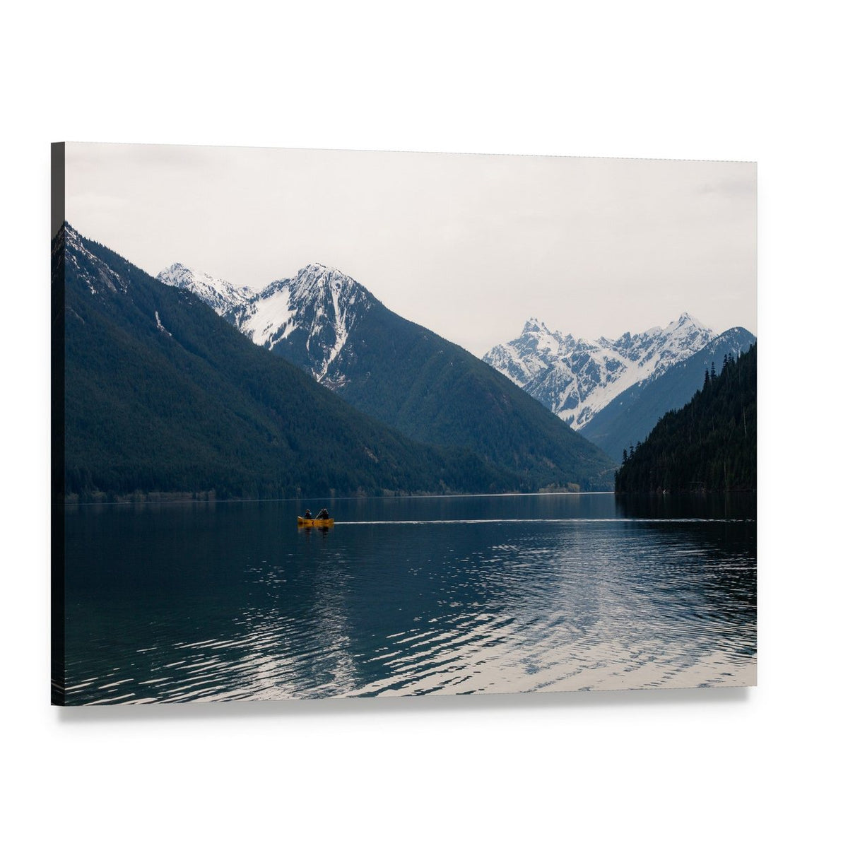 Lake with Snow-capped Mountains and Yellow Boat Canvas Wall Art, single panel gallery wrapped canvas, angled product view