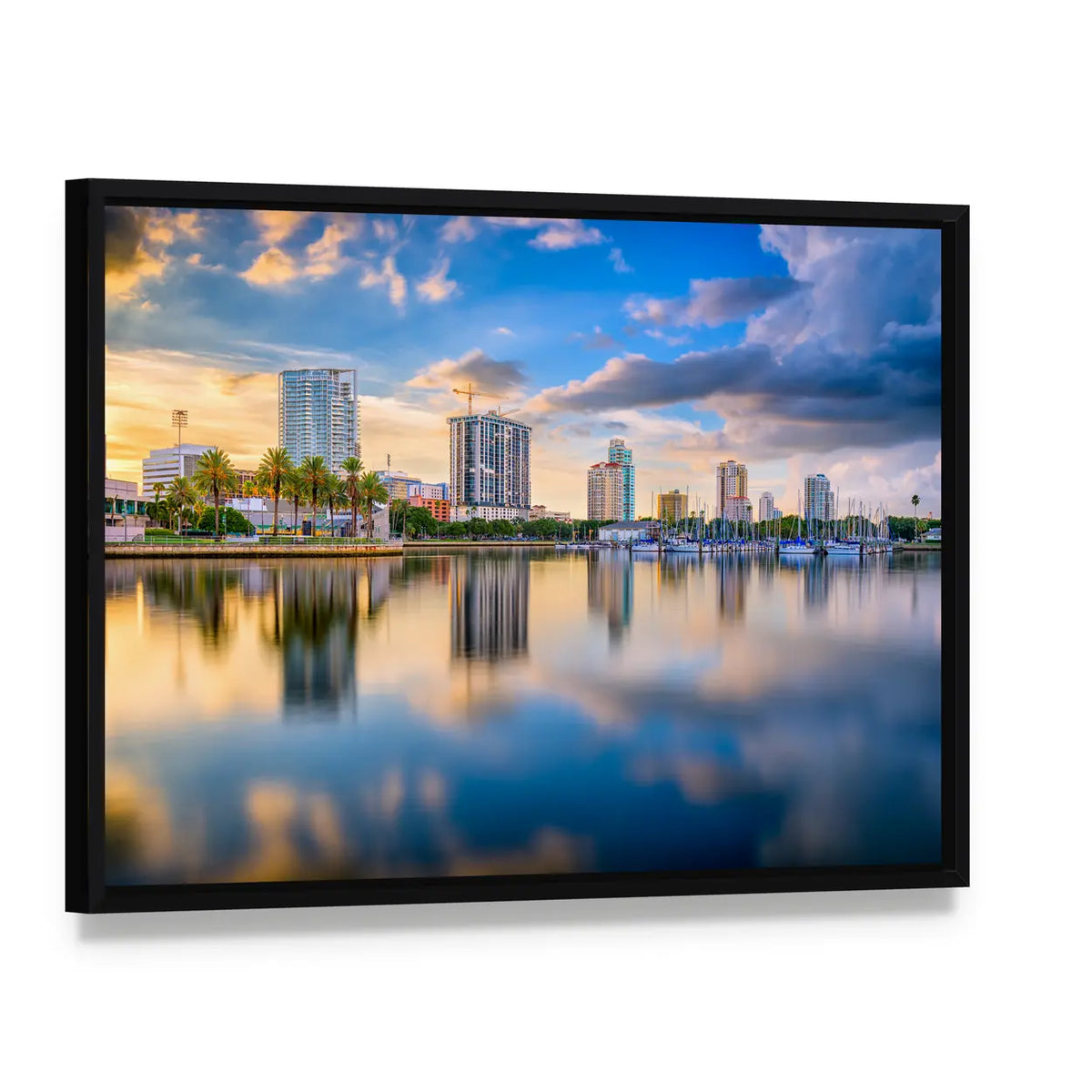 St. Petersburg Downtown Skyline Canvas Wall Art, framed canvas in a black floater frame, angled product view