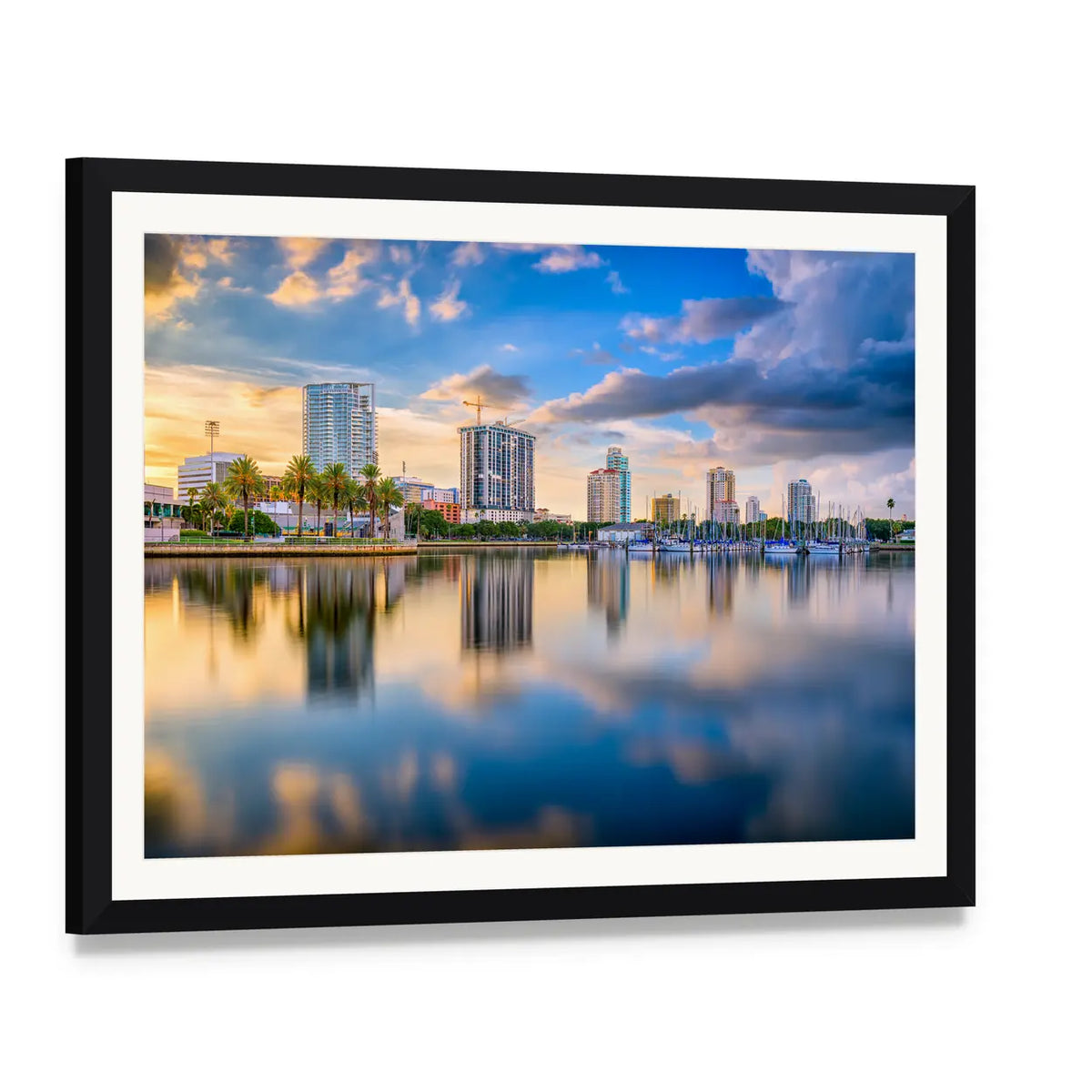 St. Petersburg Downtown Skyline Canvas Wall Art, framed print with white mat and black frame, angled product view