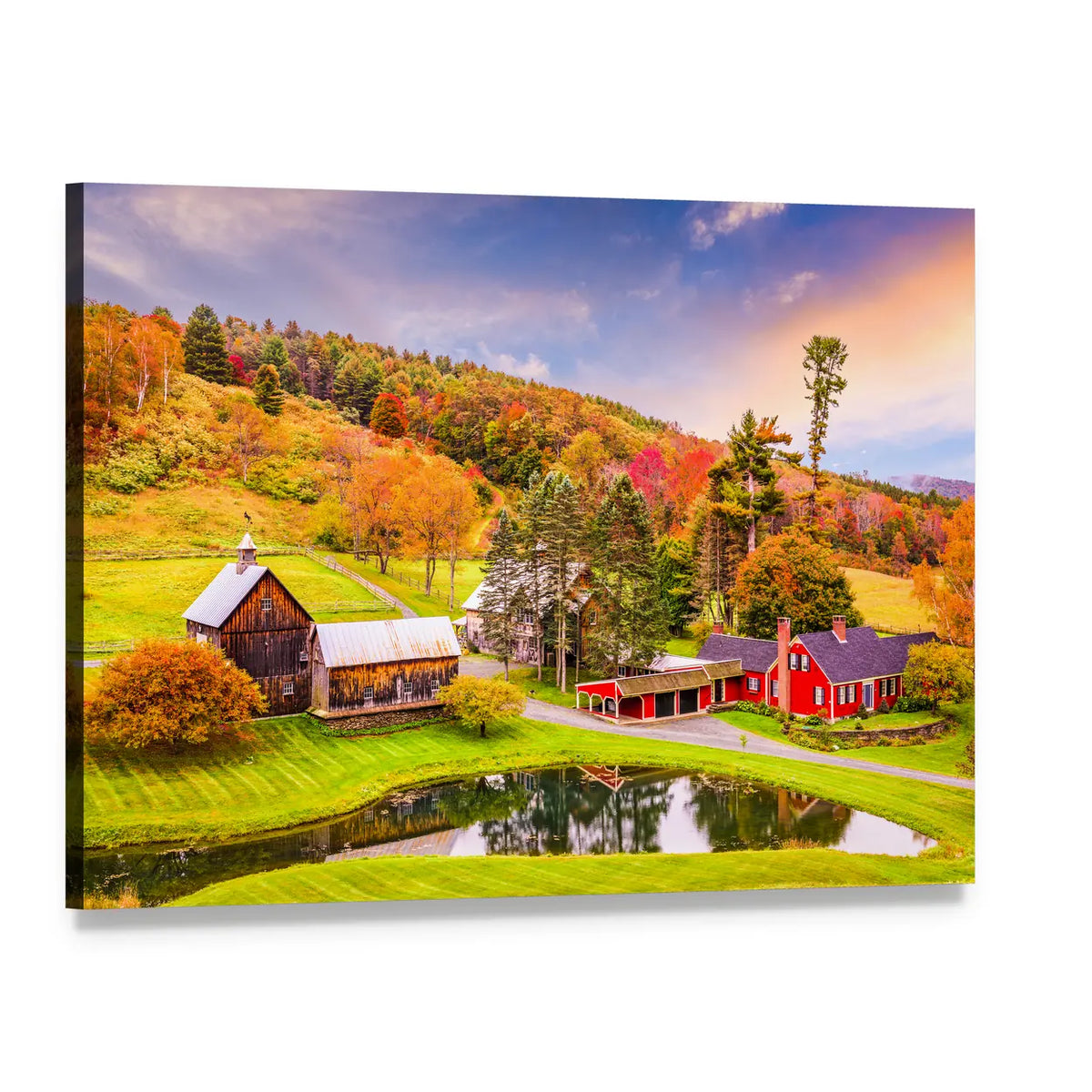Vermont Early Autumn Farmhouse Scene Canvas Wall Art, single panel gallery wrapped canvas, angled product view