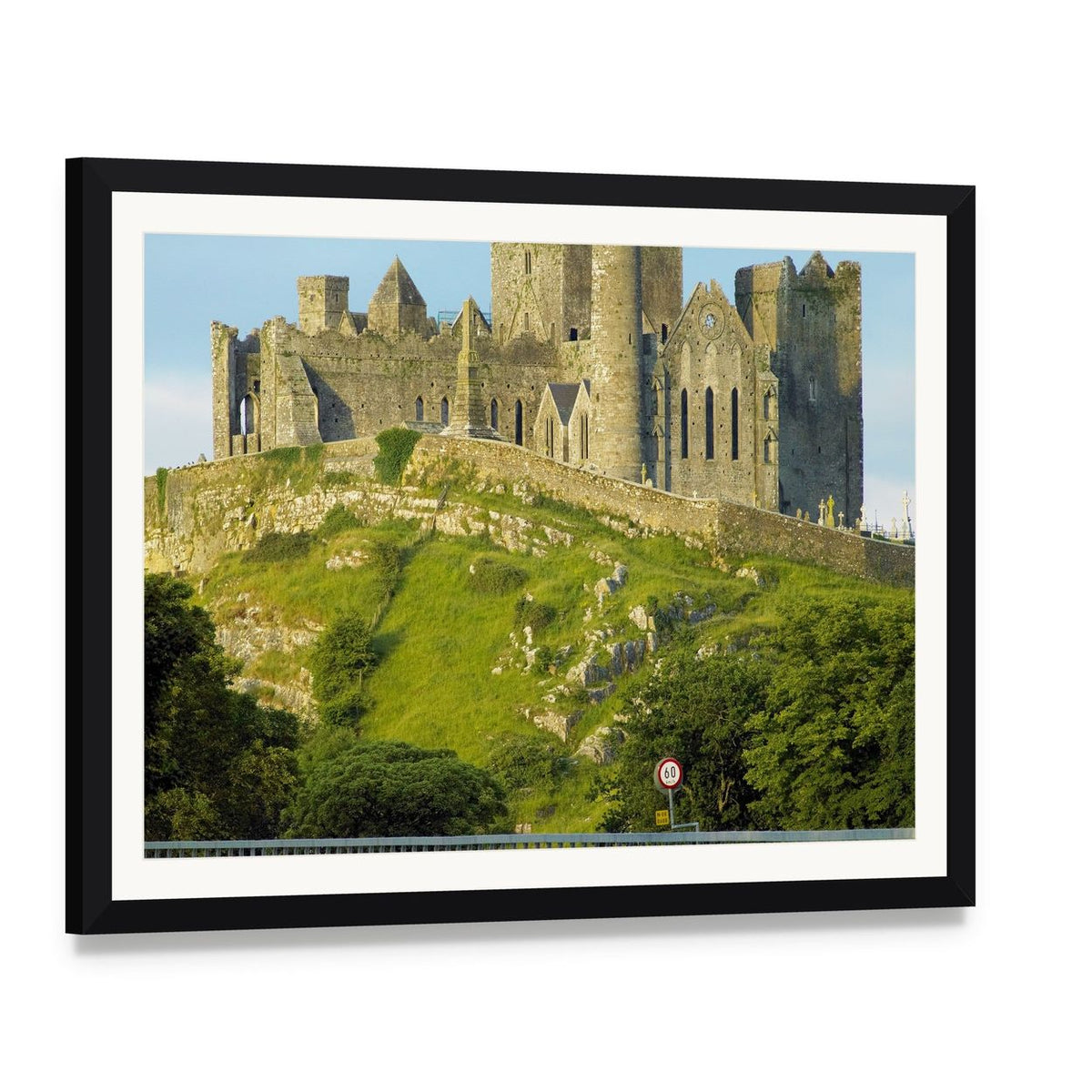 Rock of Cashel, County Tipperary Canvas Wall Art, framed print with white mat and black frame, angled product view