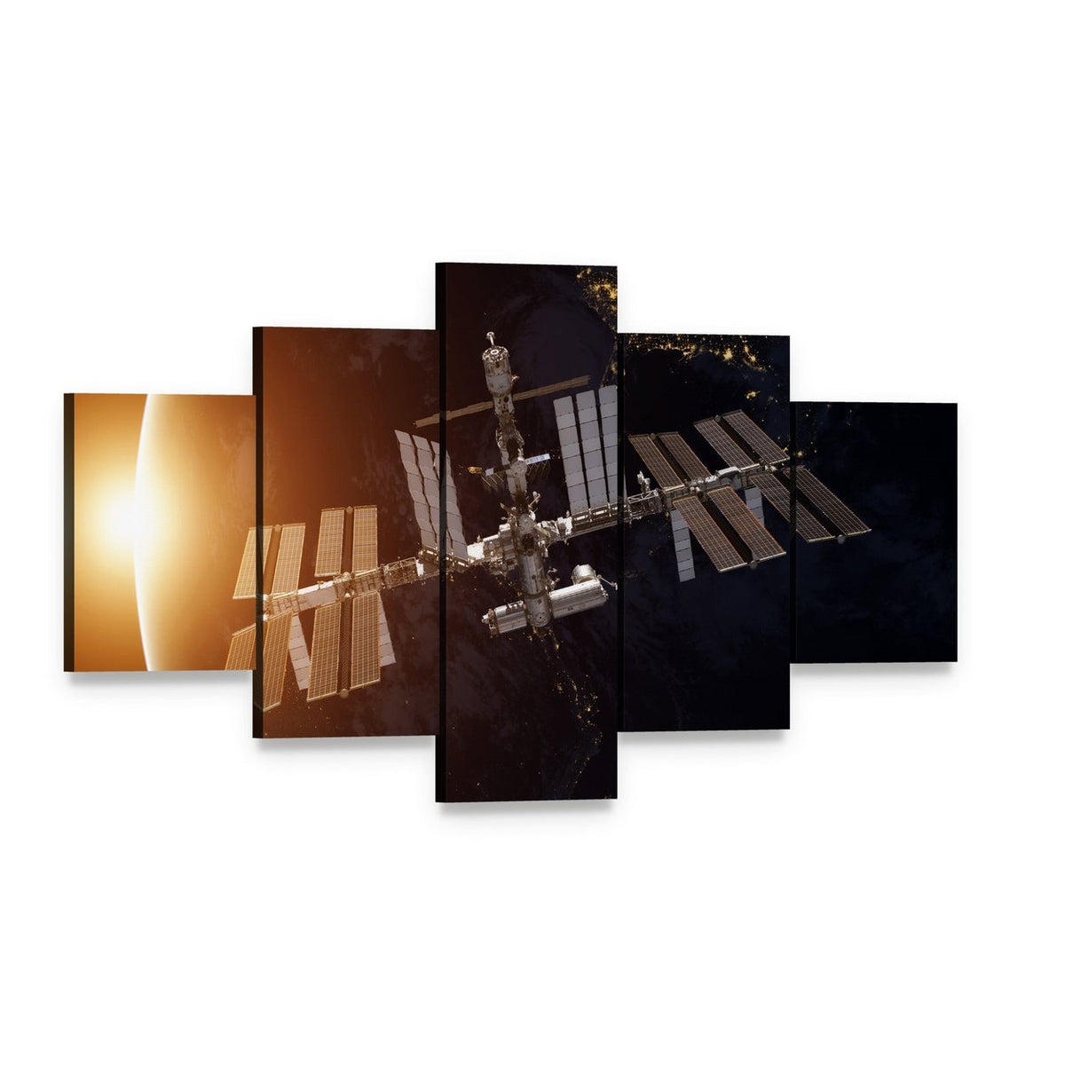 International Space Station Over Planet Earth Canvas Wall Art, 5 panel 5 Star layout gallery wrapped canvas set, angled product view