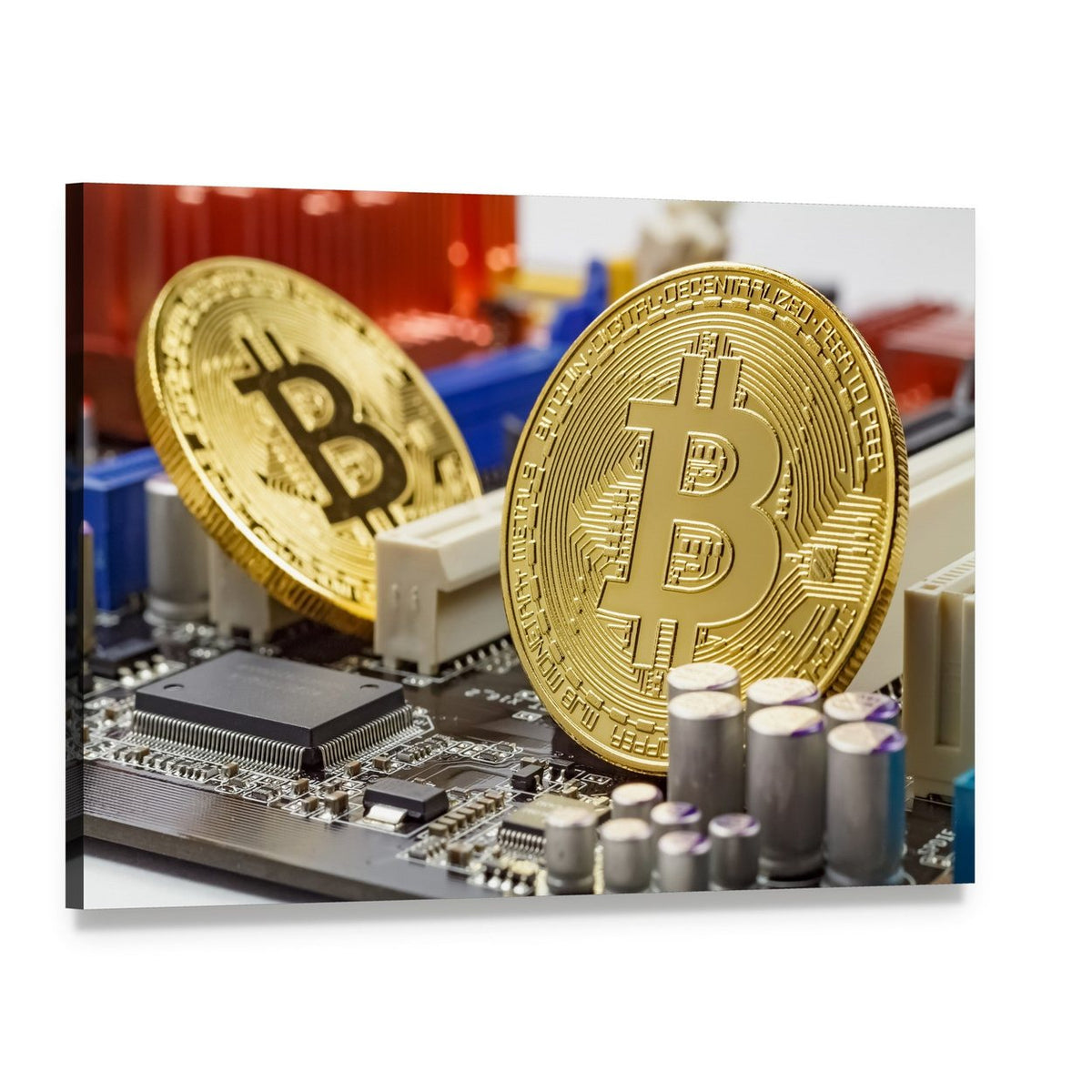 Golden Bitcoins on Motherboard Canvas Wall Art, single panel gallery wrapped canvas, angled product view