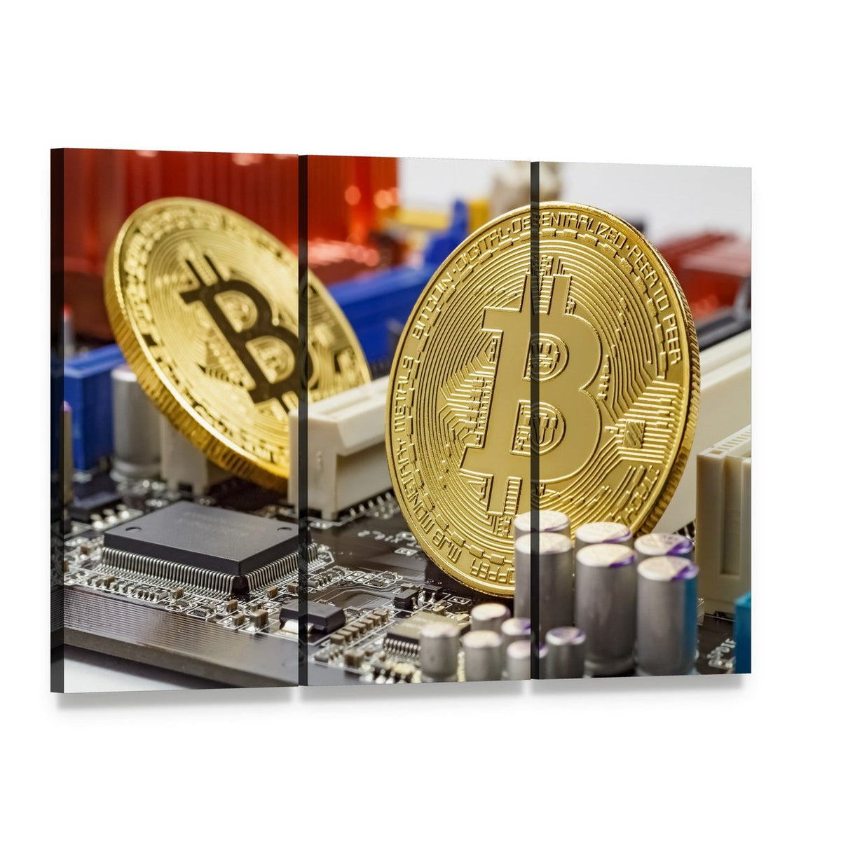 Golden Bitcoins on Motherboard Canvas Wall Art, 3 panel 3 Horizontal layout gallery wrapped canvas set, angled product view