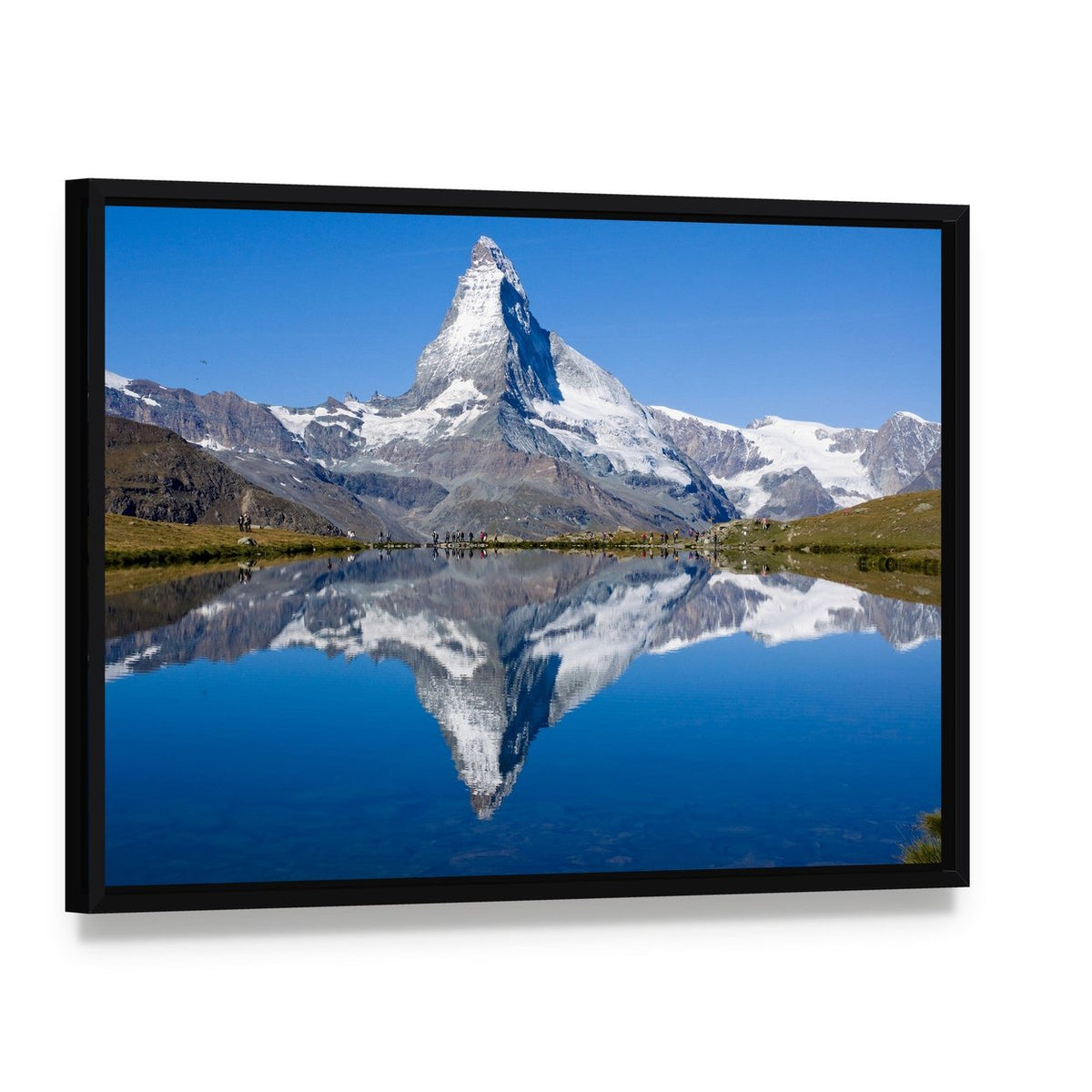 Matterhorn Mountain Reflection Canvas Wall Art, framed canvas in a black floater frame, angled product view