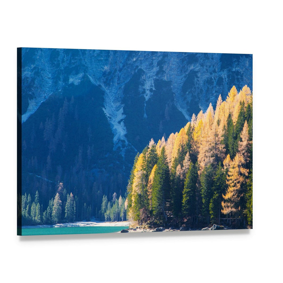 Turquoise Autumn Lake with Snow-capped Mountains Canvas Wall Art, single panel gallery wrapped canvas, angled product view