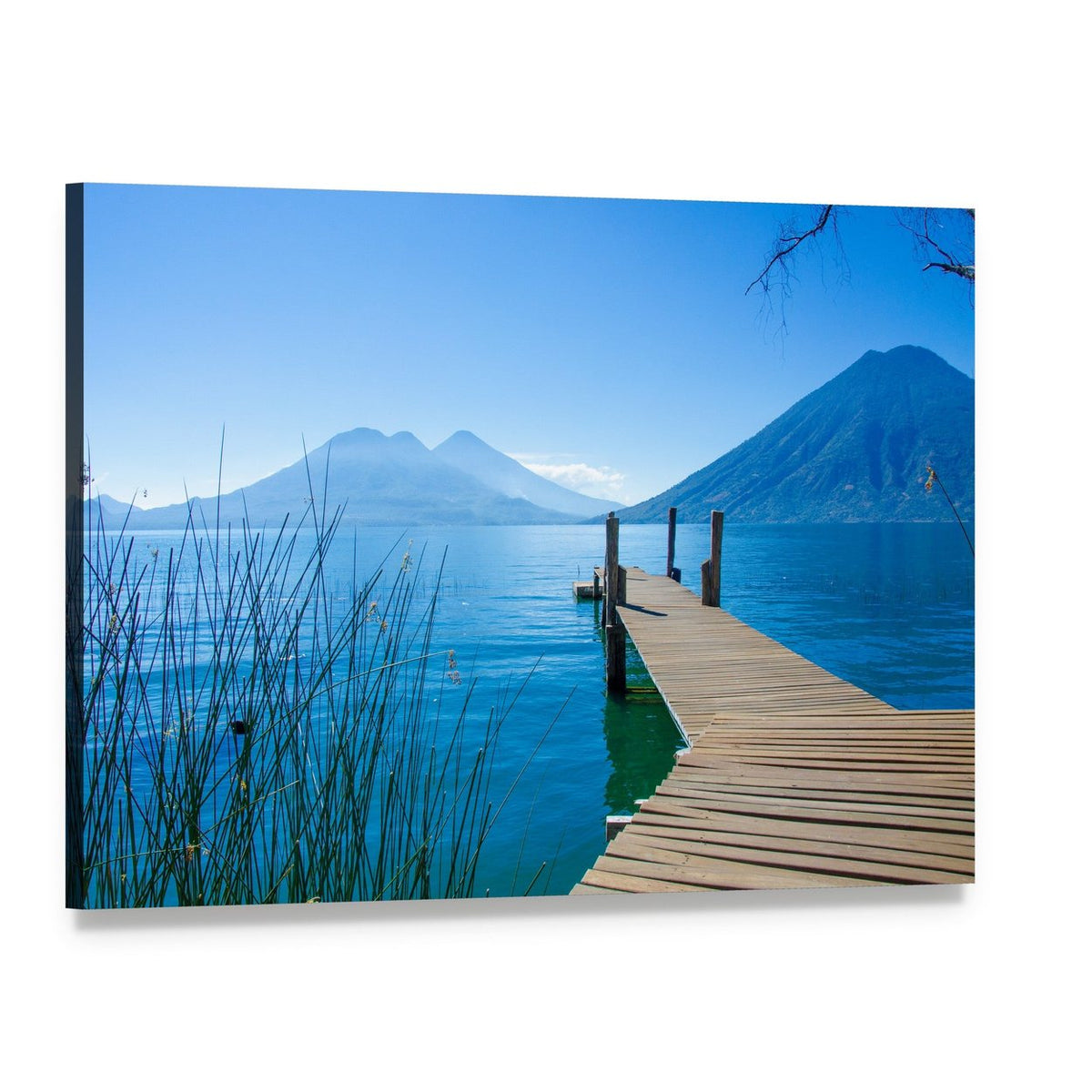 Wooden Dock at Mountain Lake Canvas Wall Art, single panel gallery wrapped canvas, angled product view