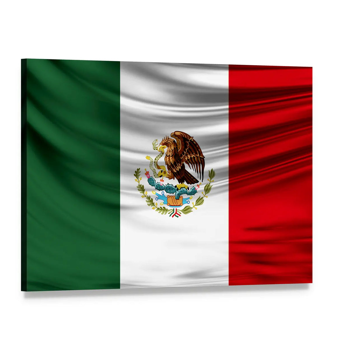 Mexican Flag with Eagle and Snake Canvas Wall Art, single panel gallery wrapped canvas, angled product view