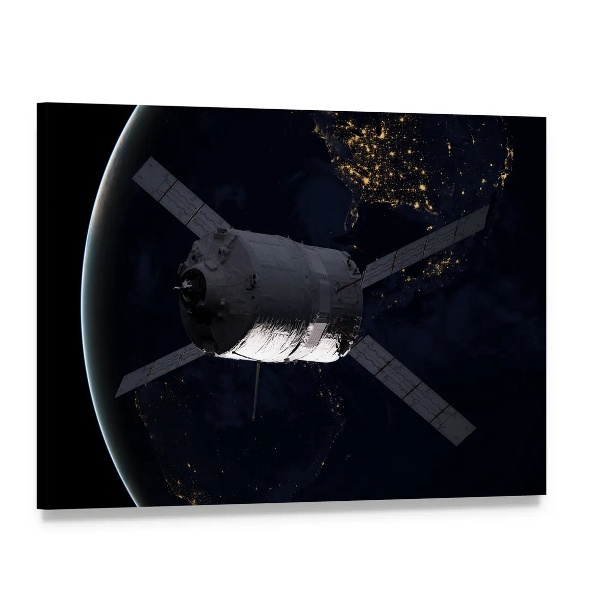 Spacecraft Above Curved Earth Canvas Wall Art, single panel gallery wrapped canvas, angled product view