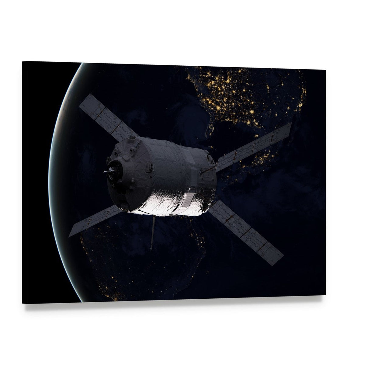 Spacecraft Over Earth at Night Canvas Wall Art, single panel gallery wrapped canvas, angled product view