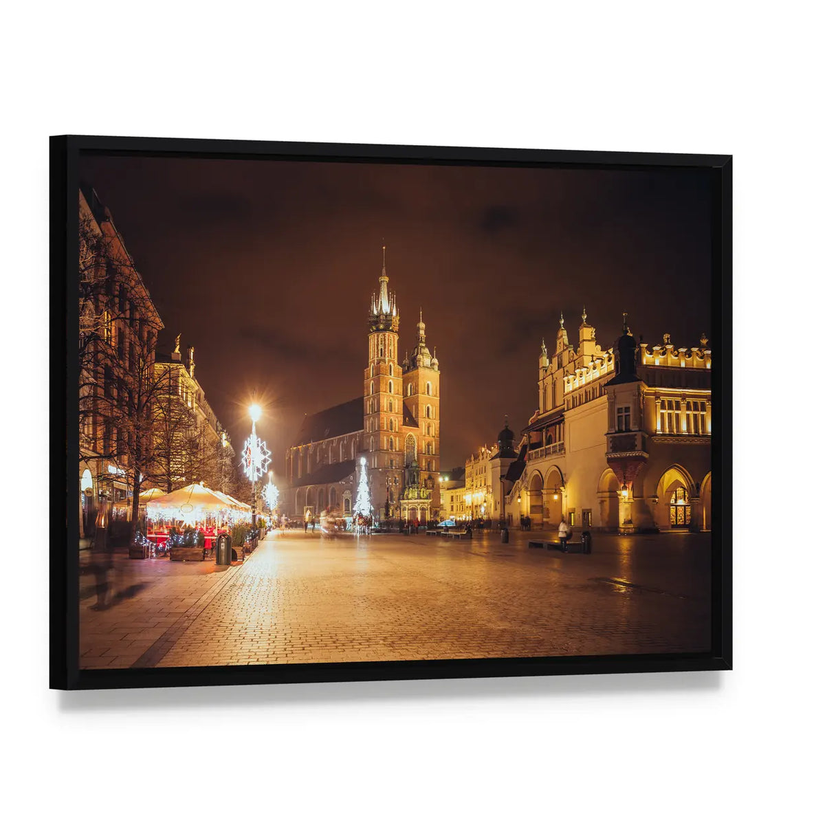 Main Market Square and St Mary's Basilica Canvas Wall Art, framed canvas in a black floater frame, angled product view