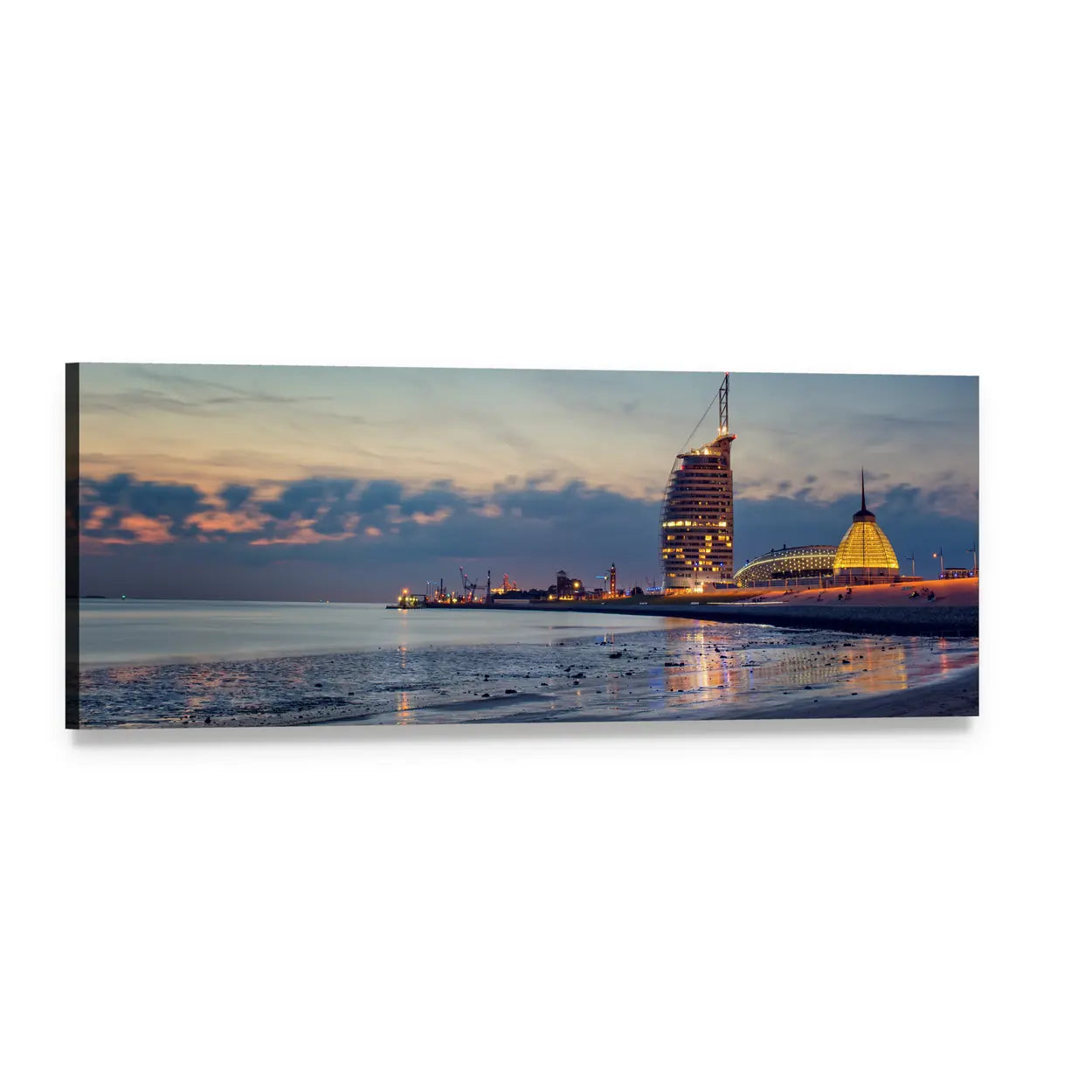 Bremerhaven Waterfront at Twilight Panoramic Canvas Wall Art, single panel gallery wrapped canvas, angled product view