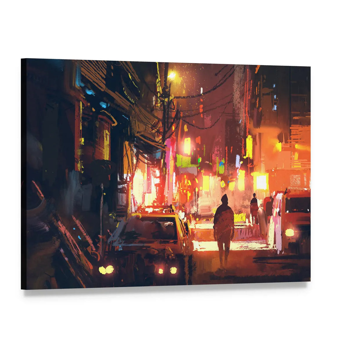 Rain-soaked Old Street in Futuristic City Canvas Wall Art, single panel gallery wrapped canvas, angled product view