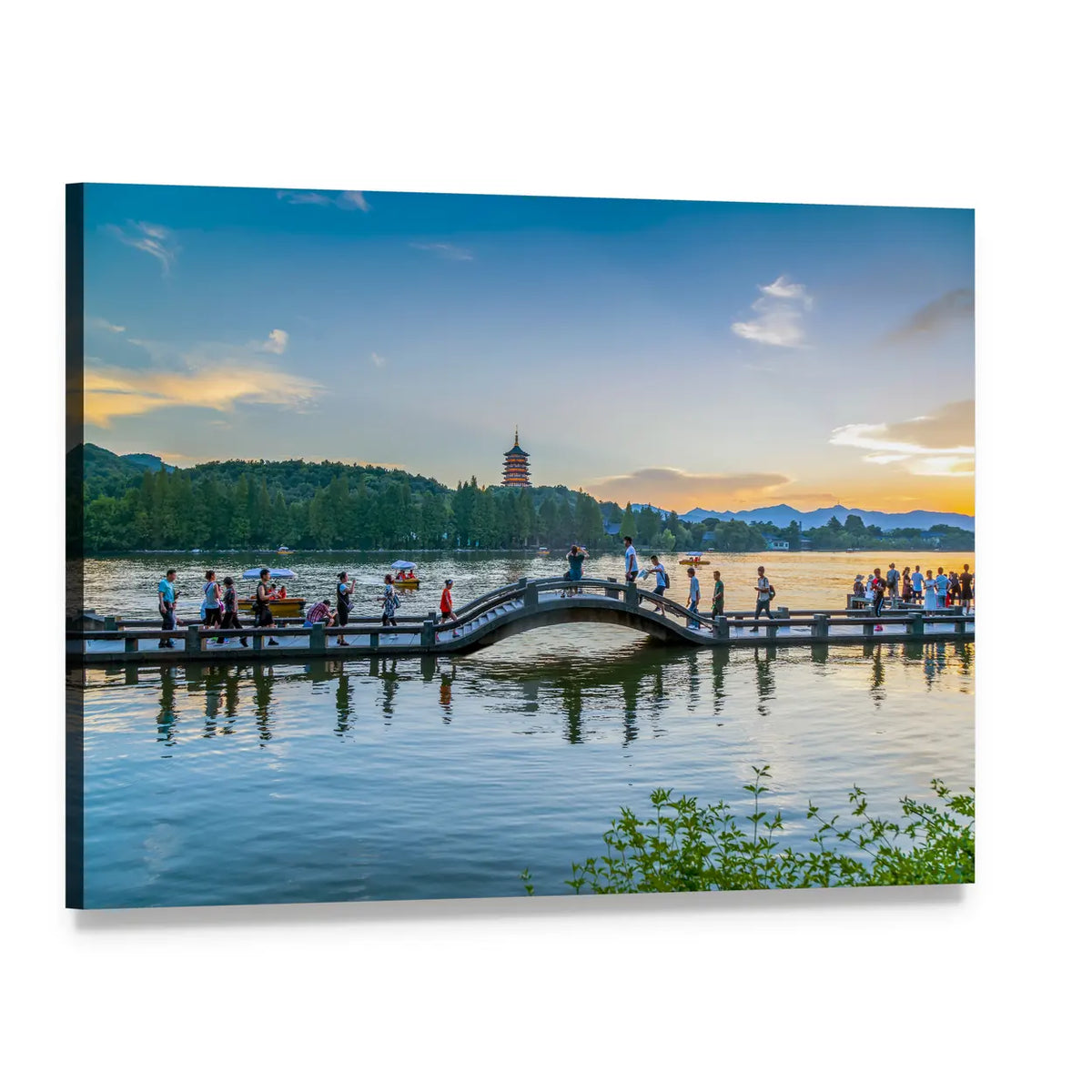 Pagoda and Arched Bridge at Sunset Canvas Wall Art, single panel gallery wrapped canvas, angled product view