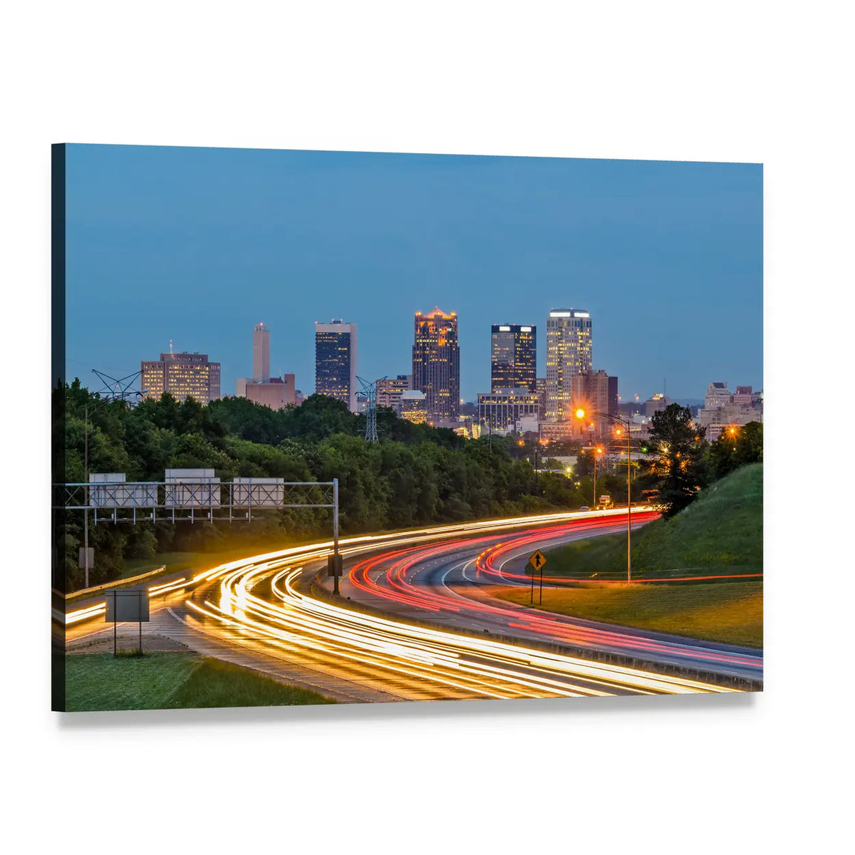 Birmingham Downtown Skyline with Light Trails Canvas Wall Art, single panel gallery wrapped canvas, angled product view