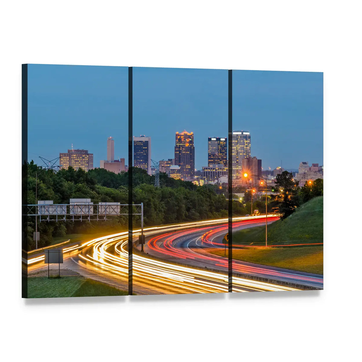 Birmingham Downtown Skyline with Light Trails Canvas Wall Art, 3 panel 3 Horizontal layout gallery wrapped canvas set, angled product view