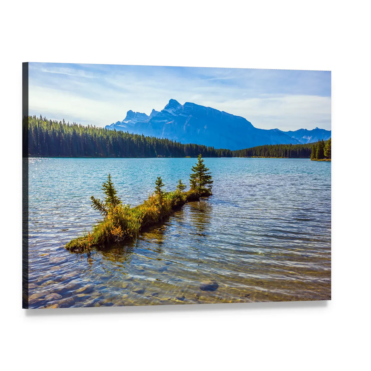 Two Jack Lake Landscape Canvas Wall Art, single panel gallery wrapped canvas, angled product view