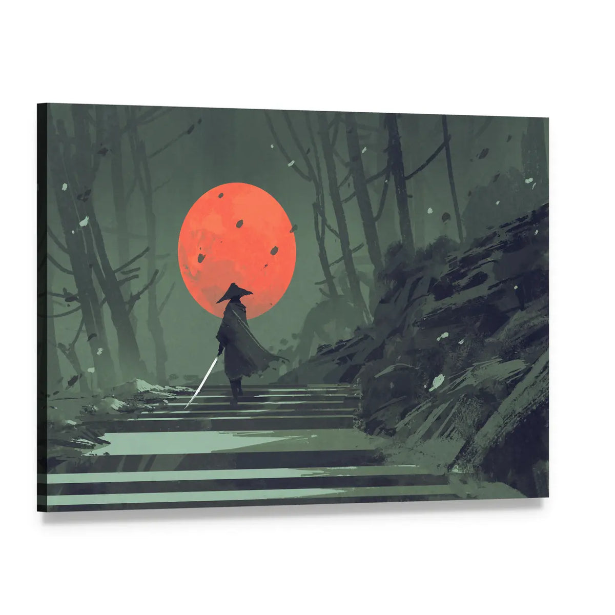 Samurai Standing On Stairway In Night Forest Under Red Moon Canvas Wall Art, single panel gallery wrapped canvas, angled product view