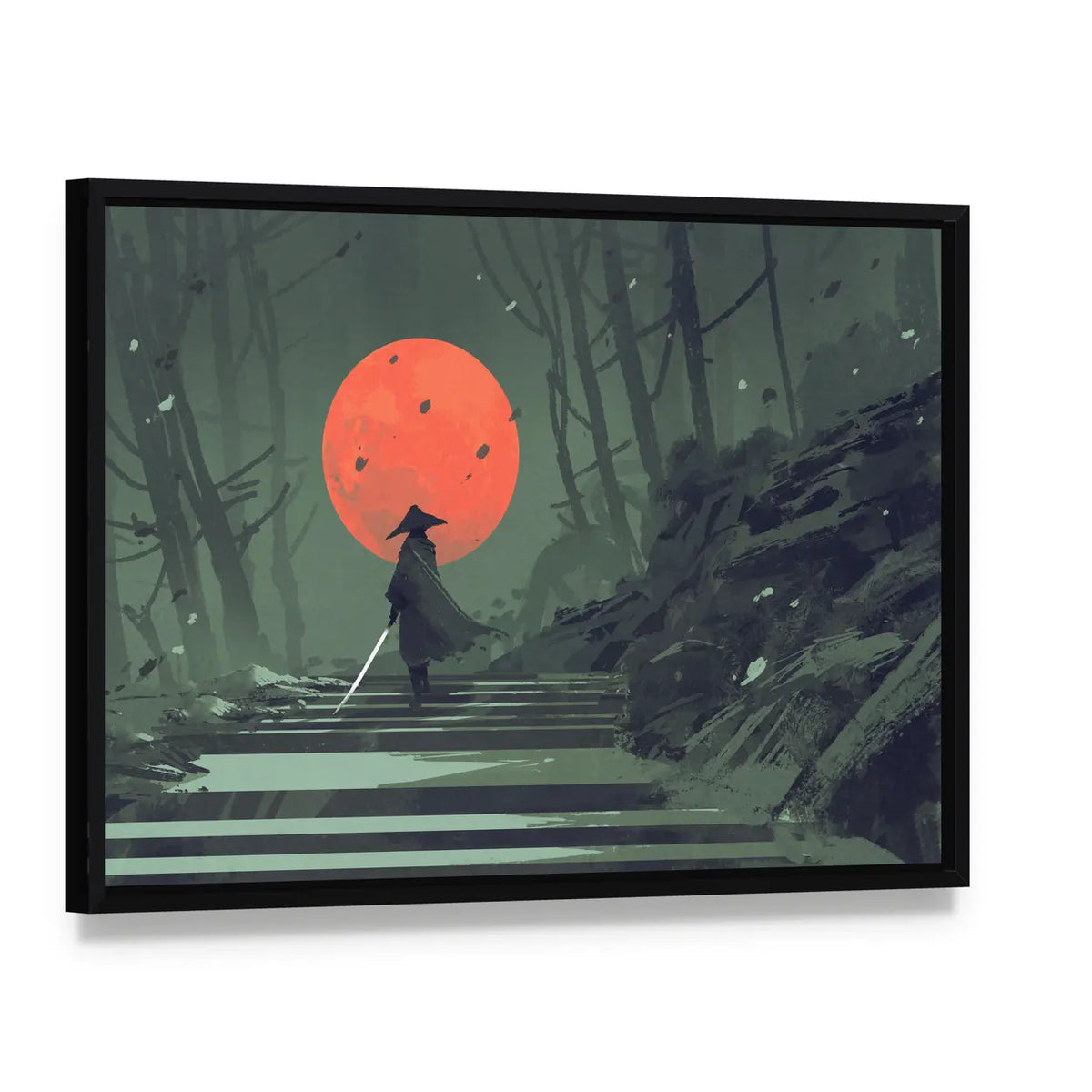 Samurai Standing On Stairway In Night Forest Under Red Moon Canvas Wall Art, framed canvas in a black floater frame, angled product view